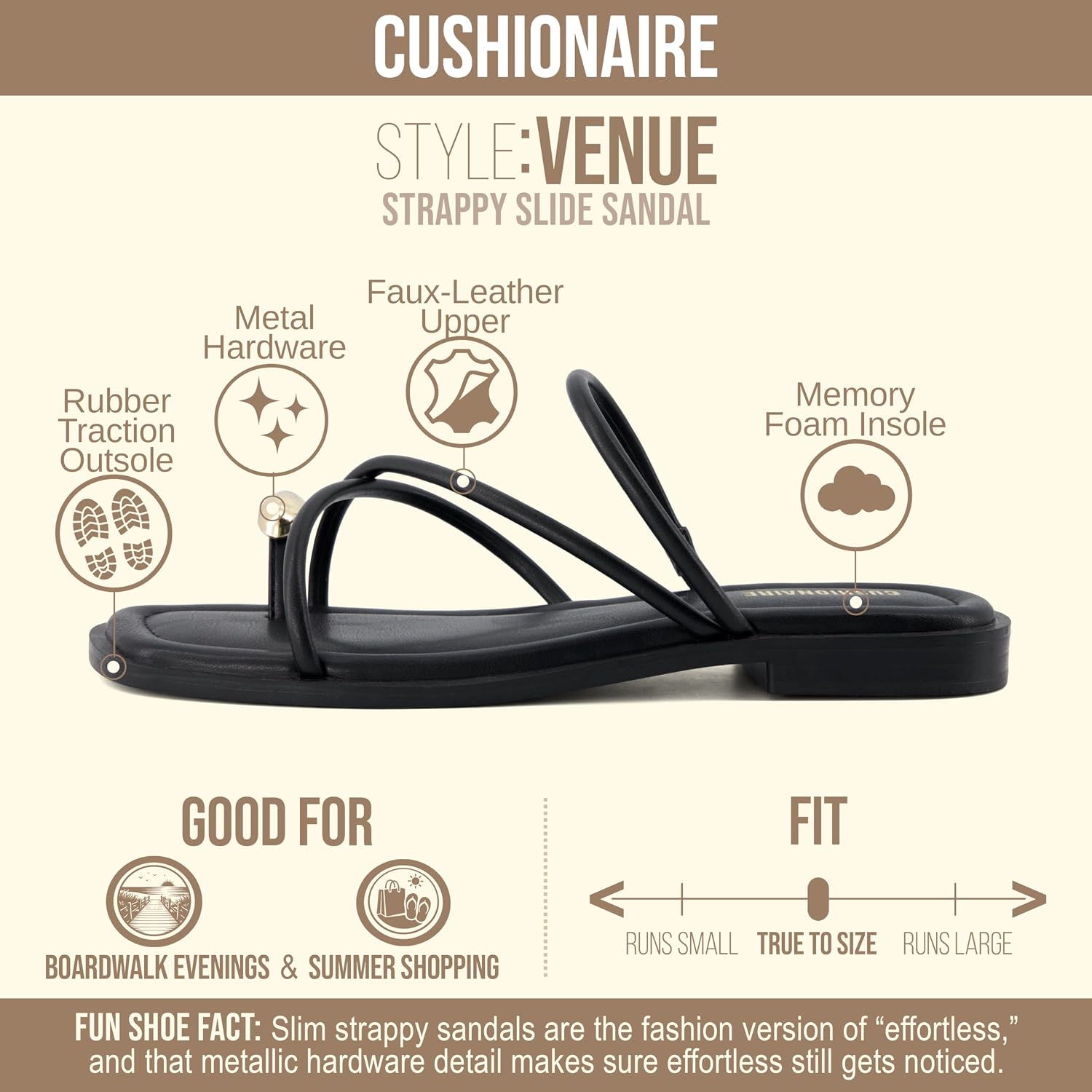 Cushionaire Venue Women’S Strappy Toe-Loop Slide Sandals With Gold-Tone Accent & Memory Foam Comfort