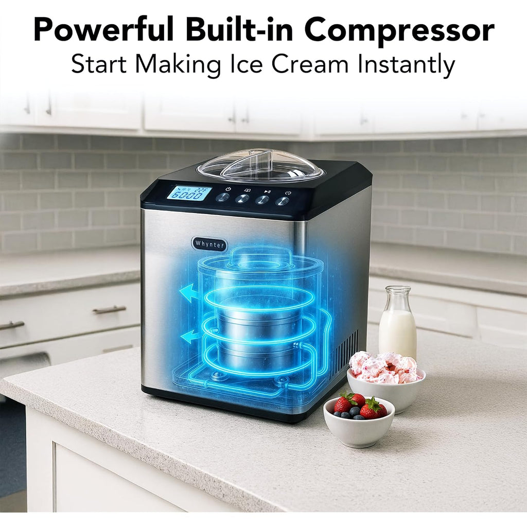 Whynter Ice Cream Maker Machine Automatic 2.1 Qt. Upright With Built-In Compressor, Lcd Digital Display & Timer, No Pre-Freezing, Icm-201Sb, Stainless Steel