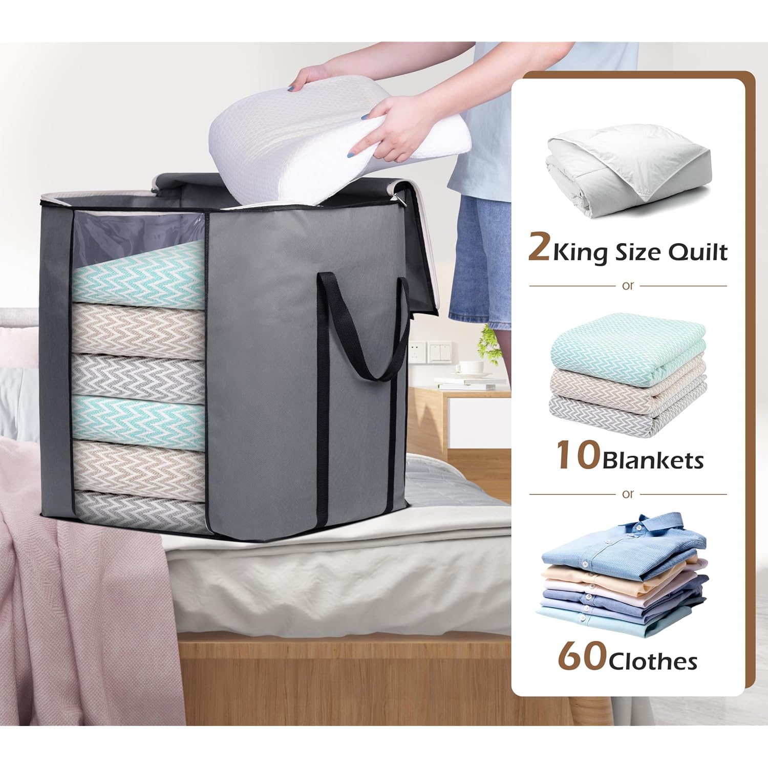 Sleeping Lamb 120L Extra Large Blanket Storage Bags Breathable Clothes Storage Containers For King Comforter Bedding Pillow Sheet, Reinforced Handles, Grey