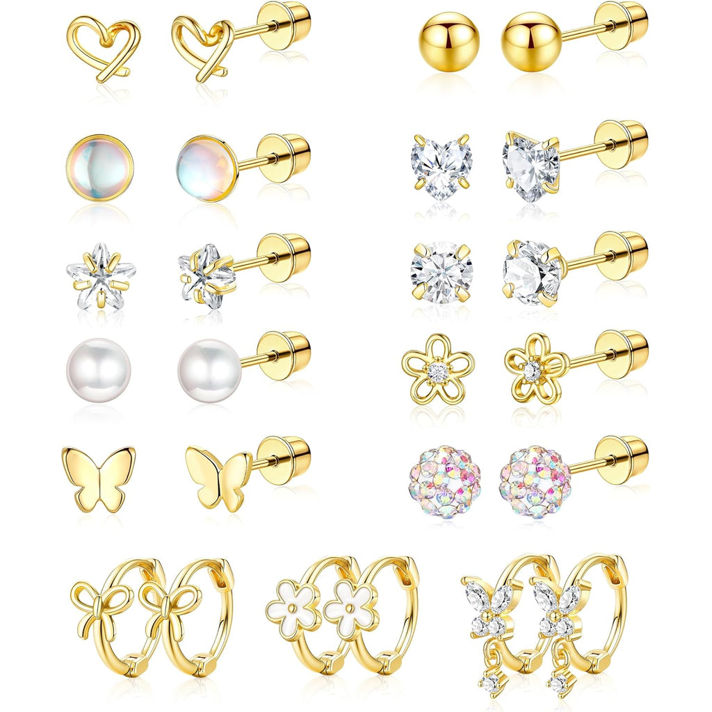 Hypoallergenic Surgical Stainless Steel Earrings for Girls Kids Jewelry - Screw Back Earrings for Sensitive Ears Cute Flower Heart Pearl bow Earrings for Women