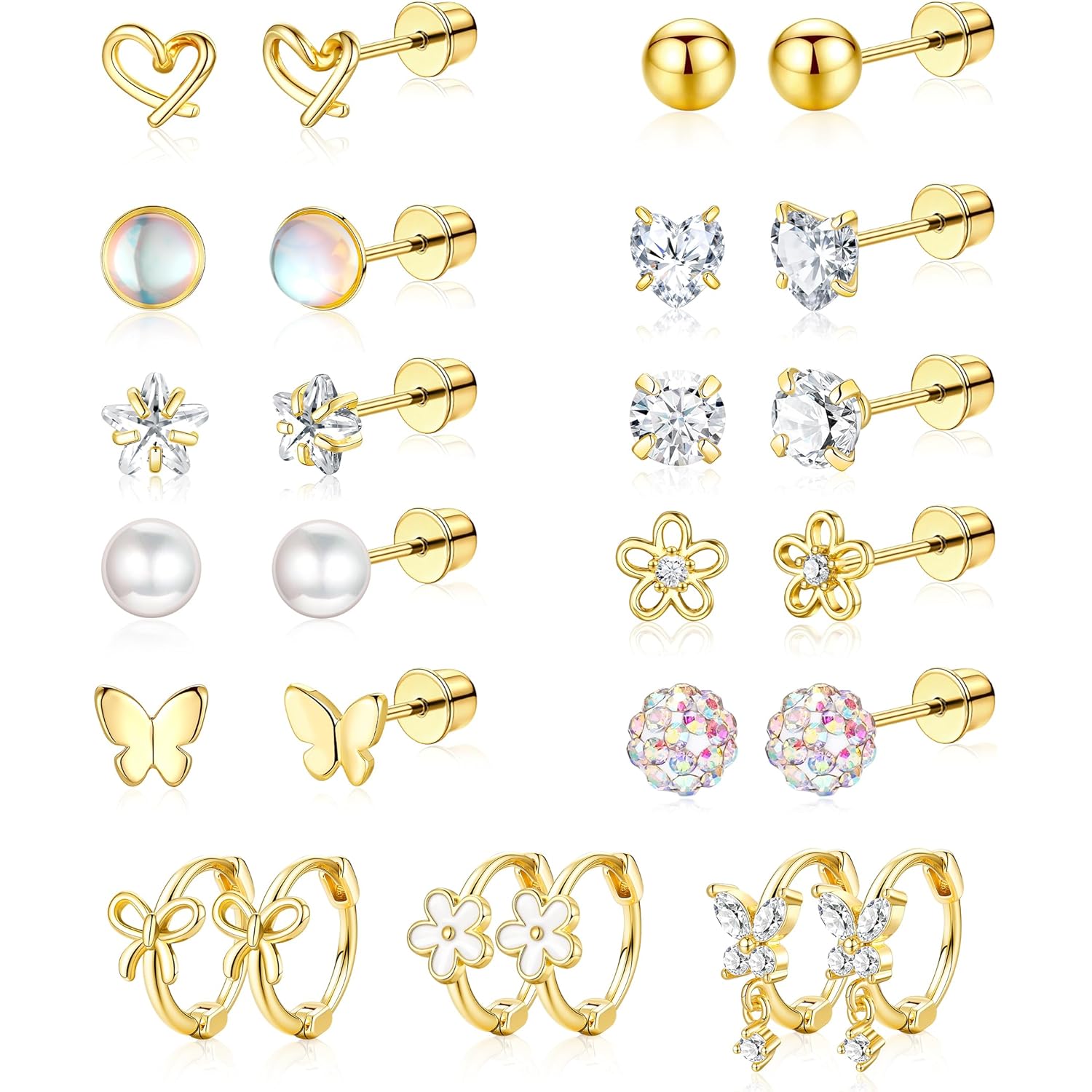 Hypoallergenic Surgical Stainless Steel Earrings for Girls Kids Jewelry - Screw Back Earrings for Sensitive Ears Cute Flower Heart Pearl bow Earrings for Women