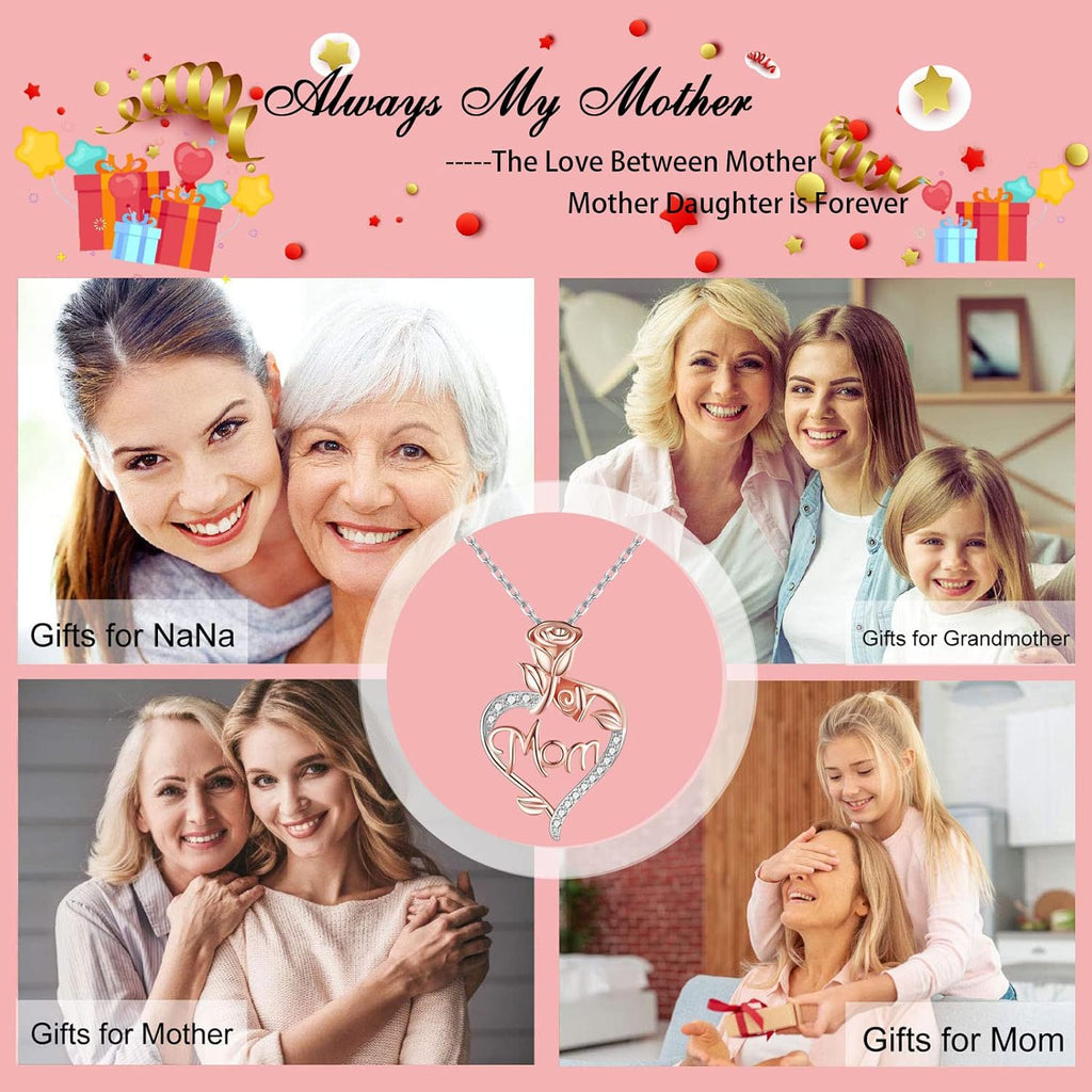 Desimtion Gifts for Mom, Sterling Silver Heart Rose Necklaces for Mom, Valentine's Day Birthday Jewelry Gifts for Women Her Girlfriend Wife