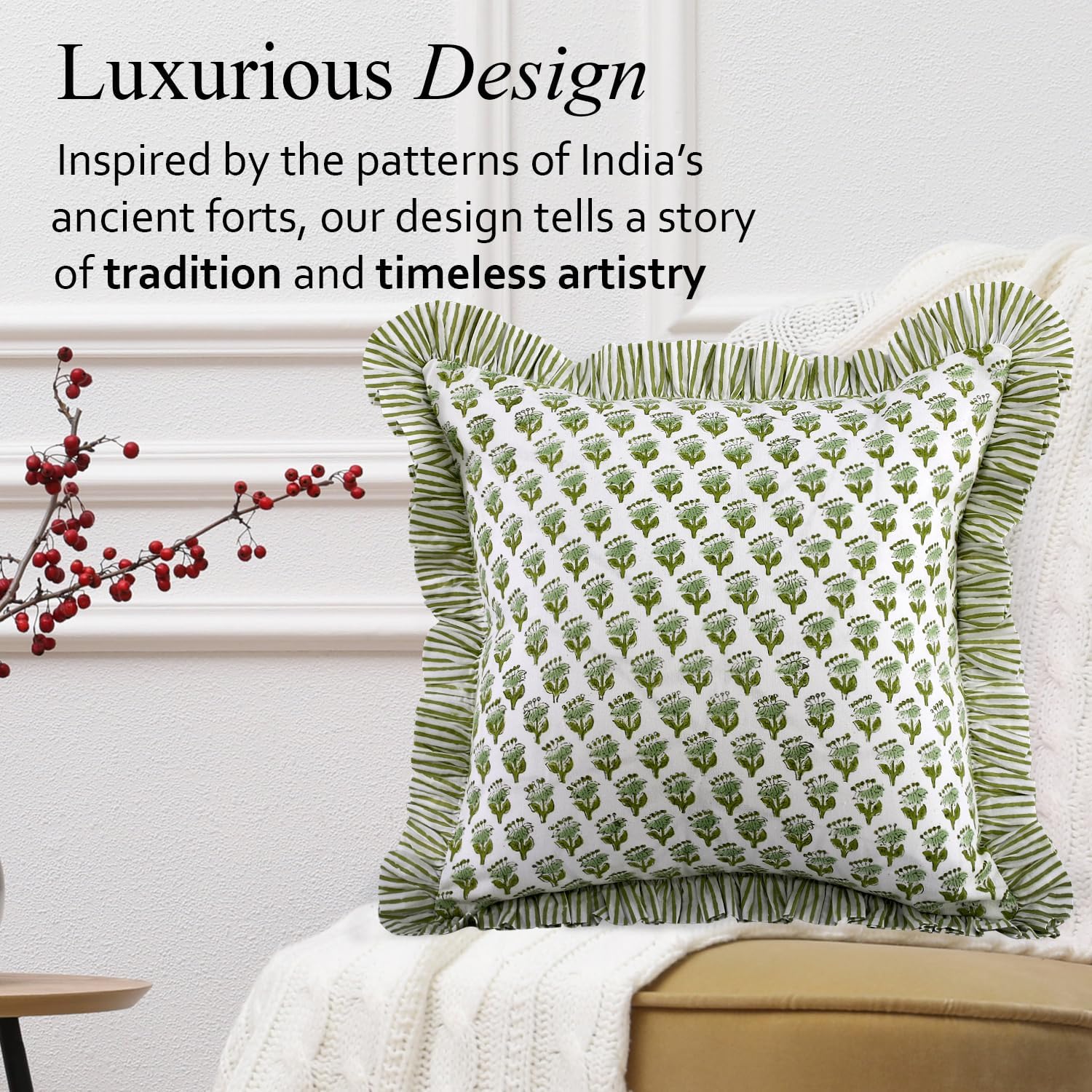 Cpc Block Print Ruffle Throw Cover Emerald Green 18"X18" Inch Pack Of 2-100% Cotton Ruffle Couch Decorative Boho Pillows Case For Living Room, Bedroom, Sofa, Farmhouse Gift For Spring, Mother'S Day
