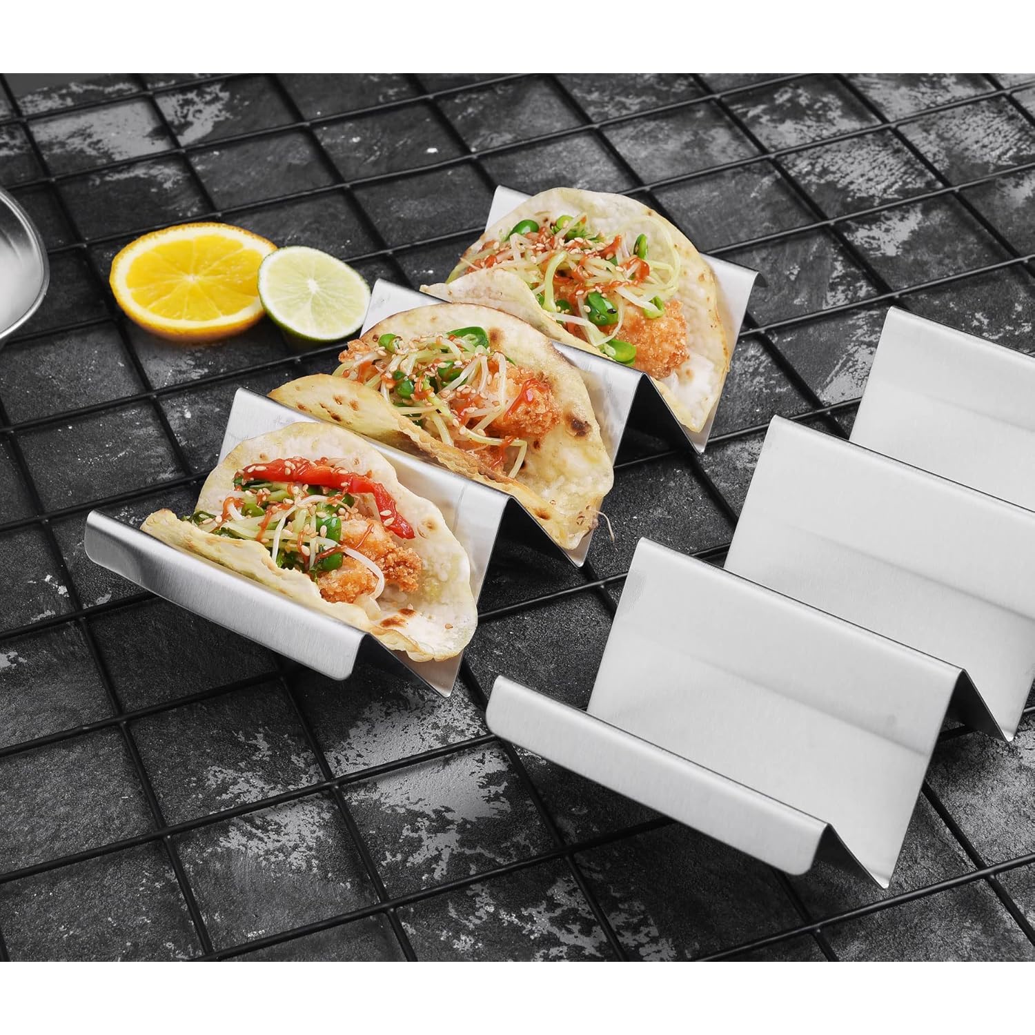 Taco Holders 4 Packs - Stainless Steel Taco Stand Rack Tray Style, Oven Safe for Baking, Dishwasher and Grill Safe