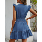 Bisual Denim Dress For Women Ruffle Sleeve Empire Waist Jean Dress Flowy Tiered A Line Mini Denim Dresses With Pockets Summer