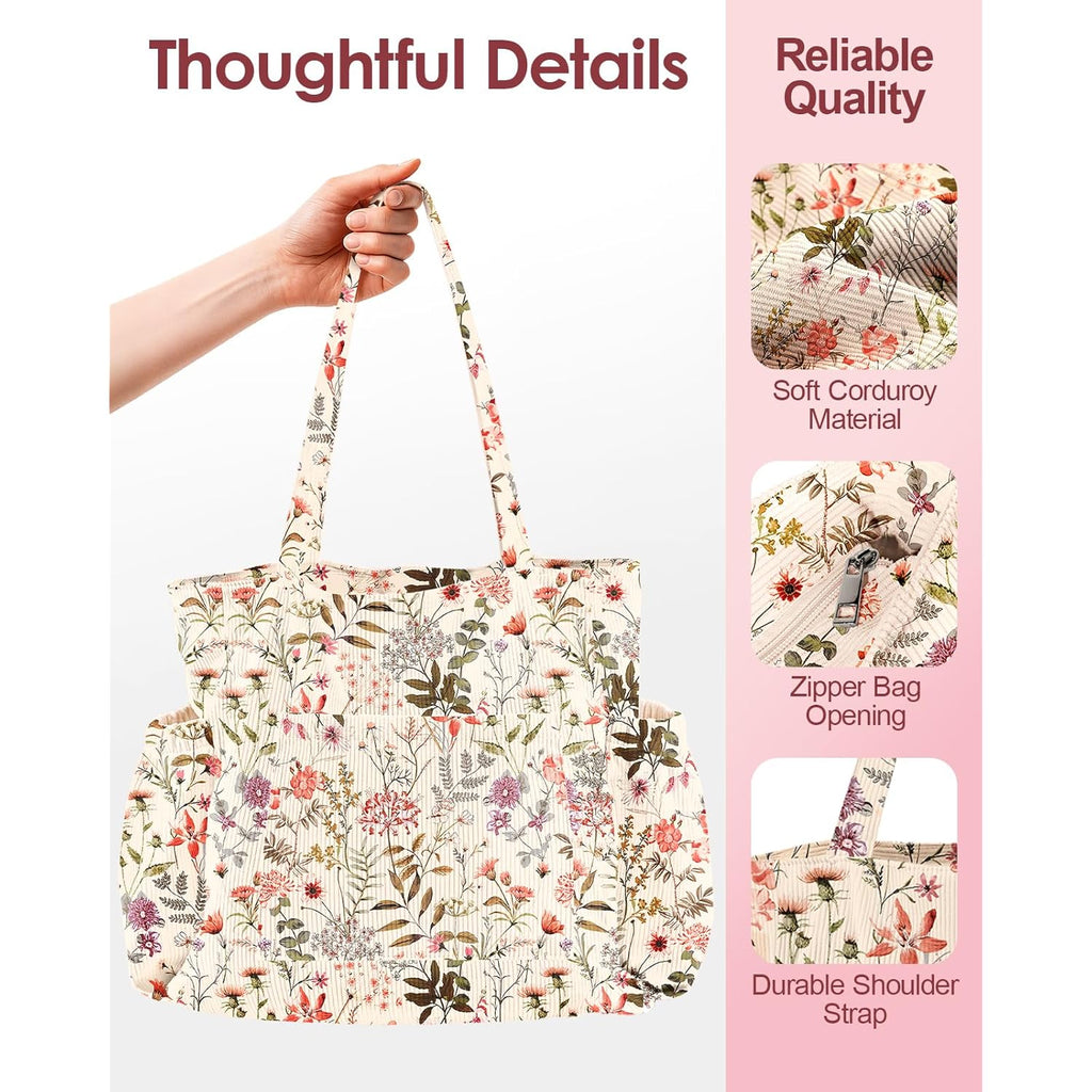 Miss Adola Cute Corduroy Tote Bag for Women - Large Capacity Multi-Pocket Shoulder Bag with Zipper
