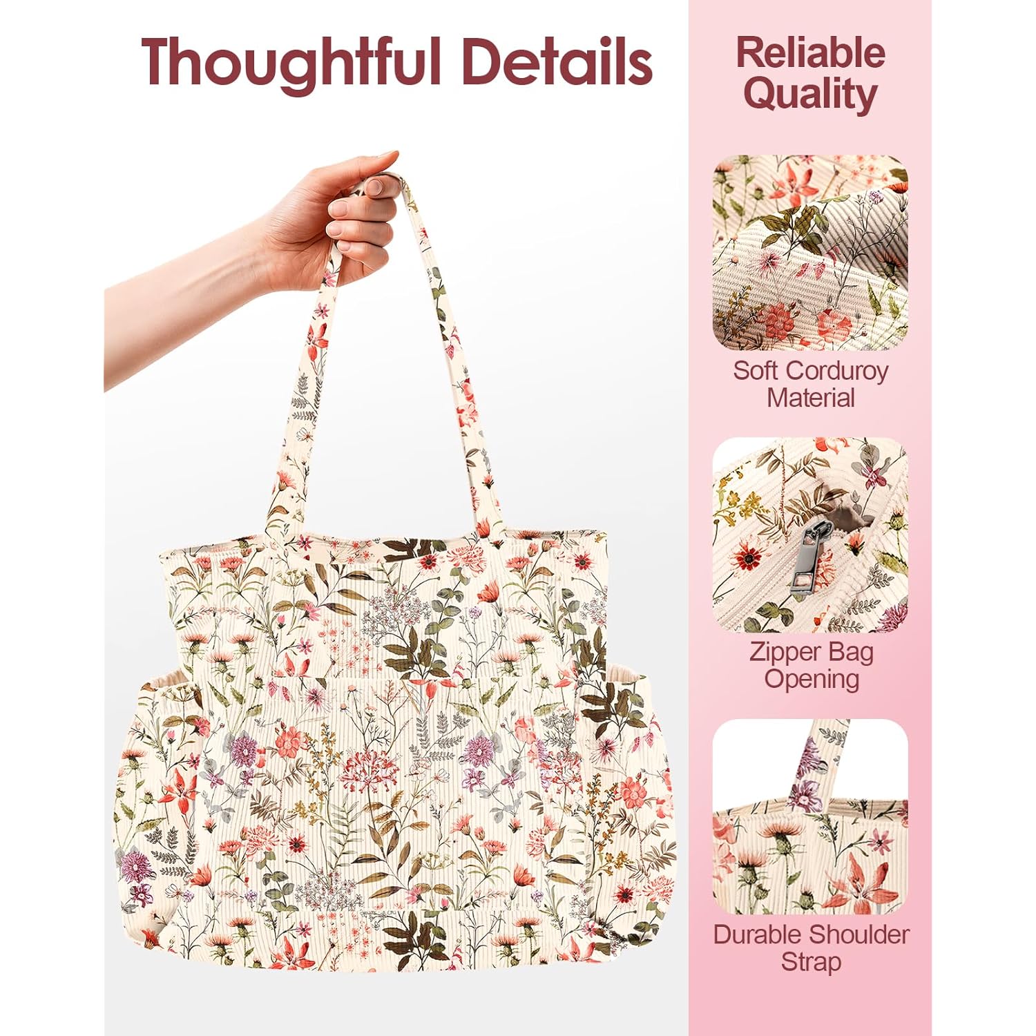 Miss Adola Cute Corduroy Tote Bag for Women - Large Capacity Multi-Pocket Shoulder Bag with Zipper