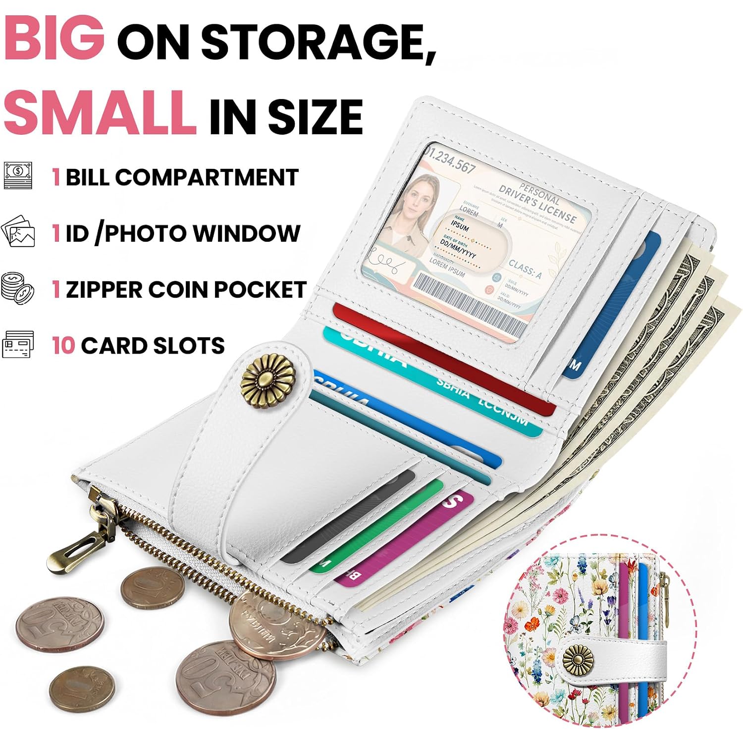 Small Wallet For Women, Rfid Blocking Bifold Card Holder Wallet With 10 Card Slots, Cash Compartment, Zipper Coin Pocket & Id Window, Cute Soft Vegan Leather Compact Wallet, Wildflower