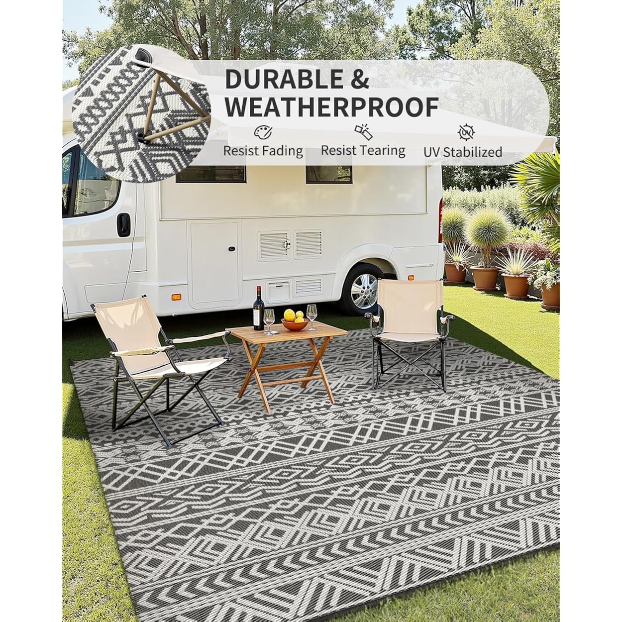 Montvoo Outdoor Rug Carpet Waterproof 5X8 Outdoor Patio Rug Mat Reverisble Plastic Straw Outdoor Rug For Rv Camping Picnic Beach Balcony Boho Grey