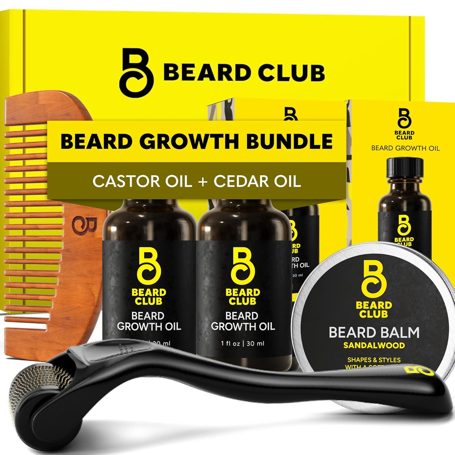 The Beard Club Enhanced Beard Growth Kit - Derma Roller, Beard Growth Oil (2PK), Sandalwood Beard Balm, Comb - Gift Set