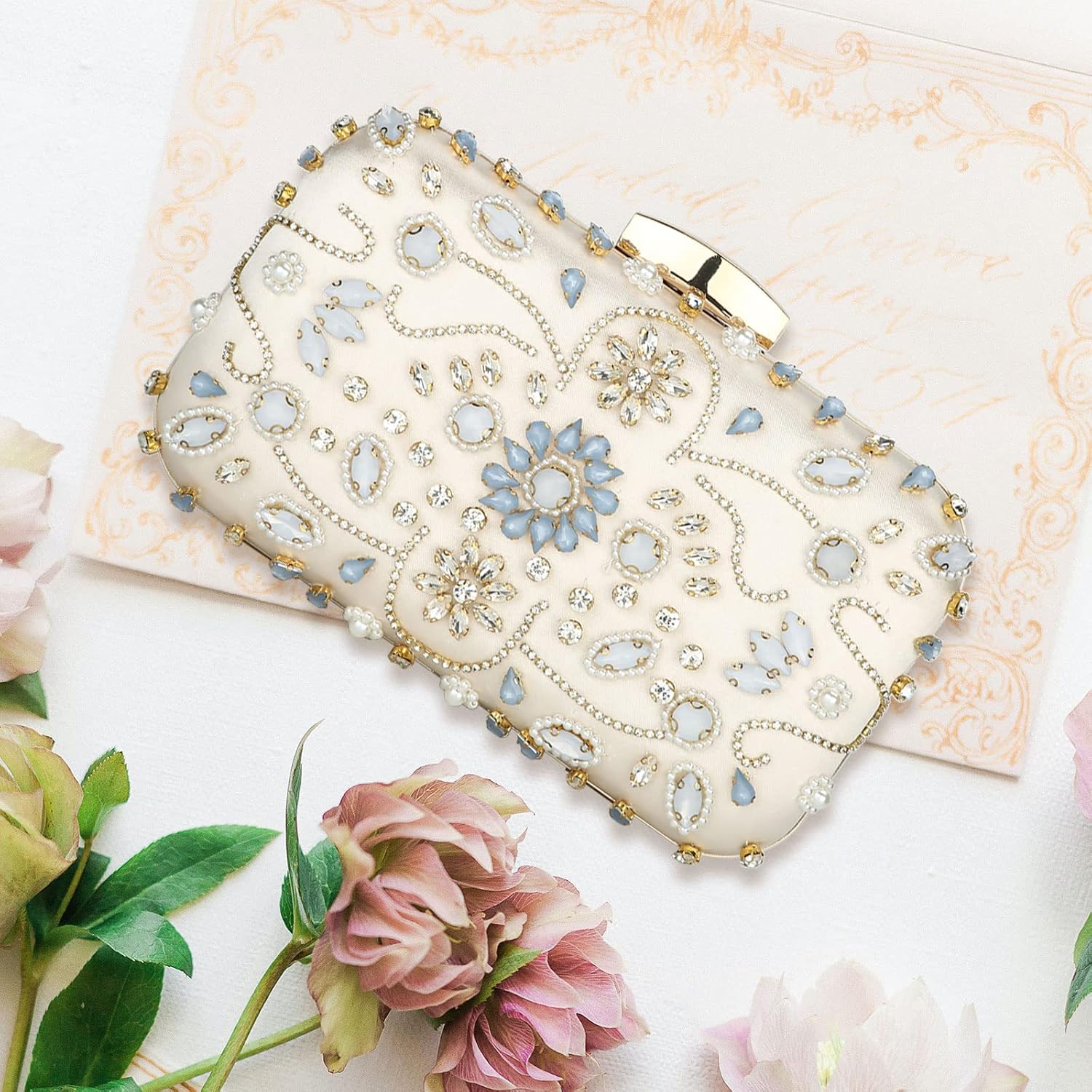 Womens Crystal Beaded Evening Bag Wedding Clutch Purse