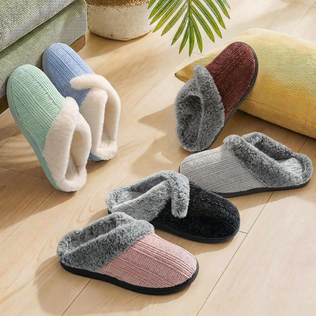 Slippers For Women Fuzzy House Slip On Indoor Outdoor Bedroom Furry Fleece Lined Ladies Comfy Memory Foam Female Home Shoes Anti-Skid Rubber Hard Sole