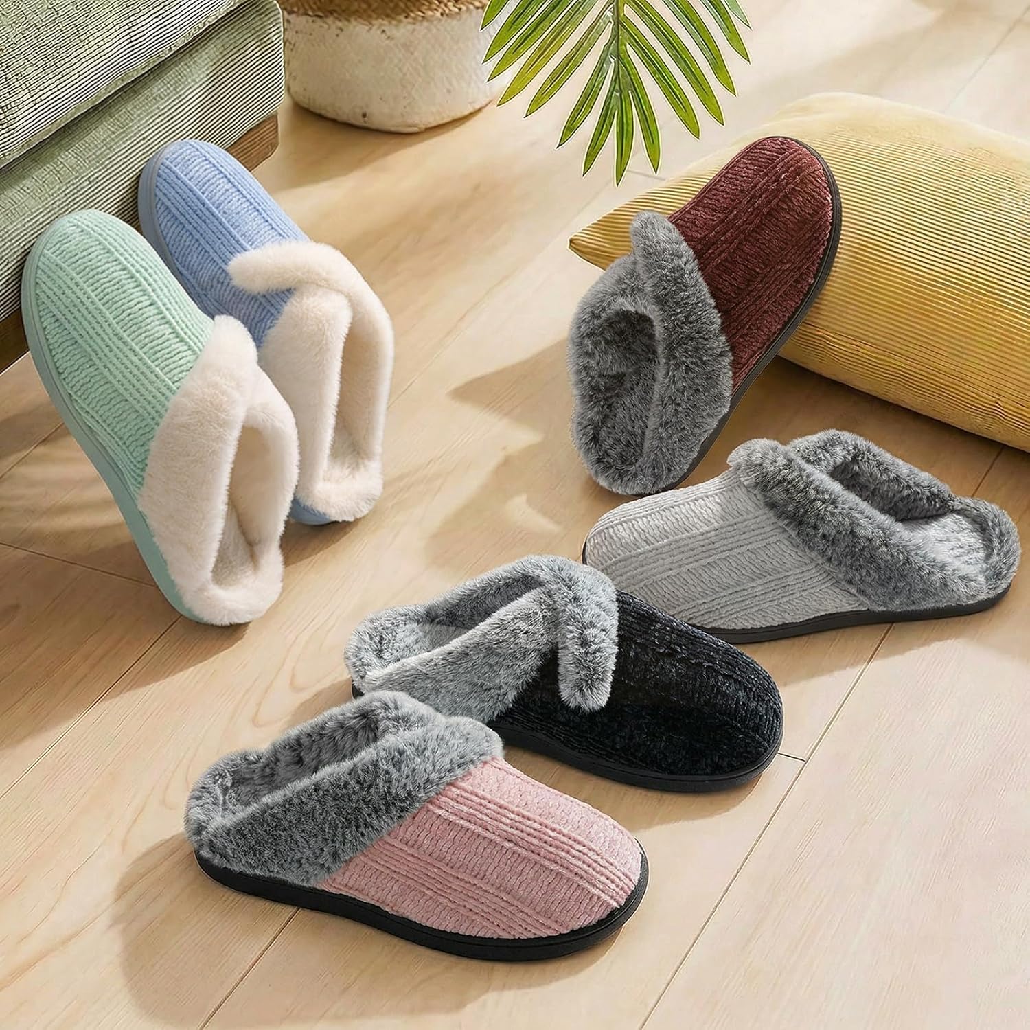 Slippers For Women Fuzzy House Slip On Indoor Outdoor Bedroom Furry Fleece Lined Ladies Comfy Memory Foam Female Home Shoes Anti-Skid Rubber Hard Sole