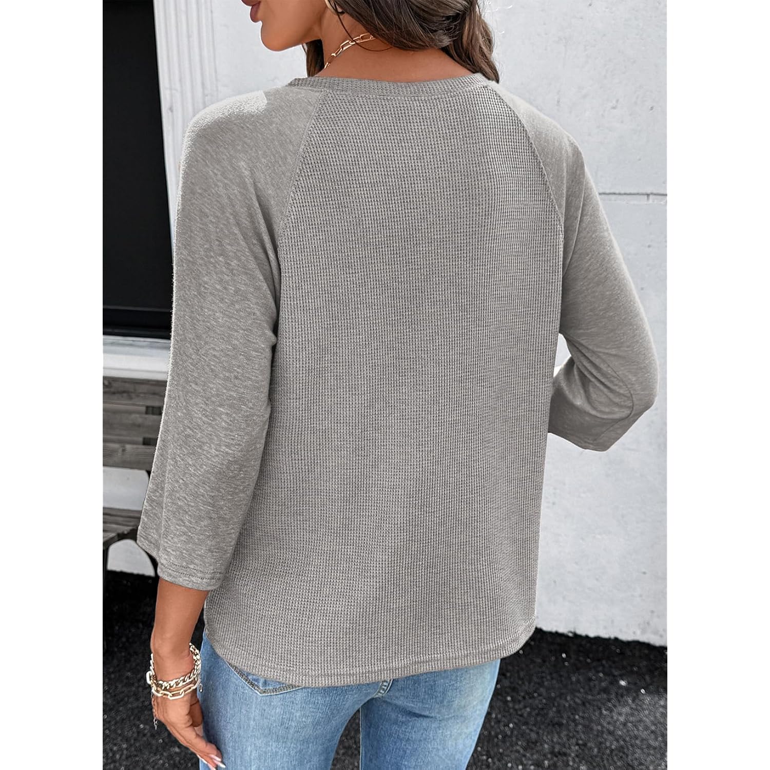 Womens Tops Spring Summer 3/4 Length Sleeve Fashion T Shirts for Women Crewneck Waffle Knit Casual Loose Tee Blouses