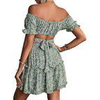 Lyaner Women'S 2 Piece Outfits Floral Off Shoulder Tie Up Crop Top And Mini Skirt Set