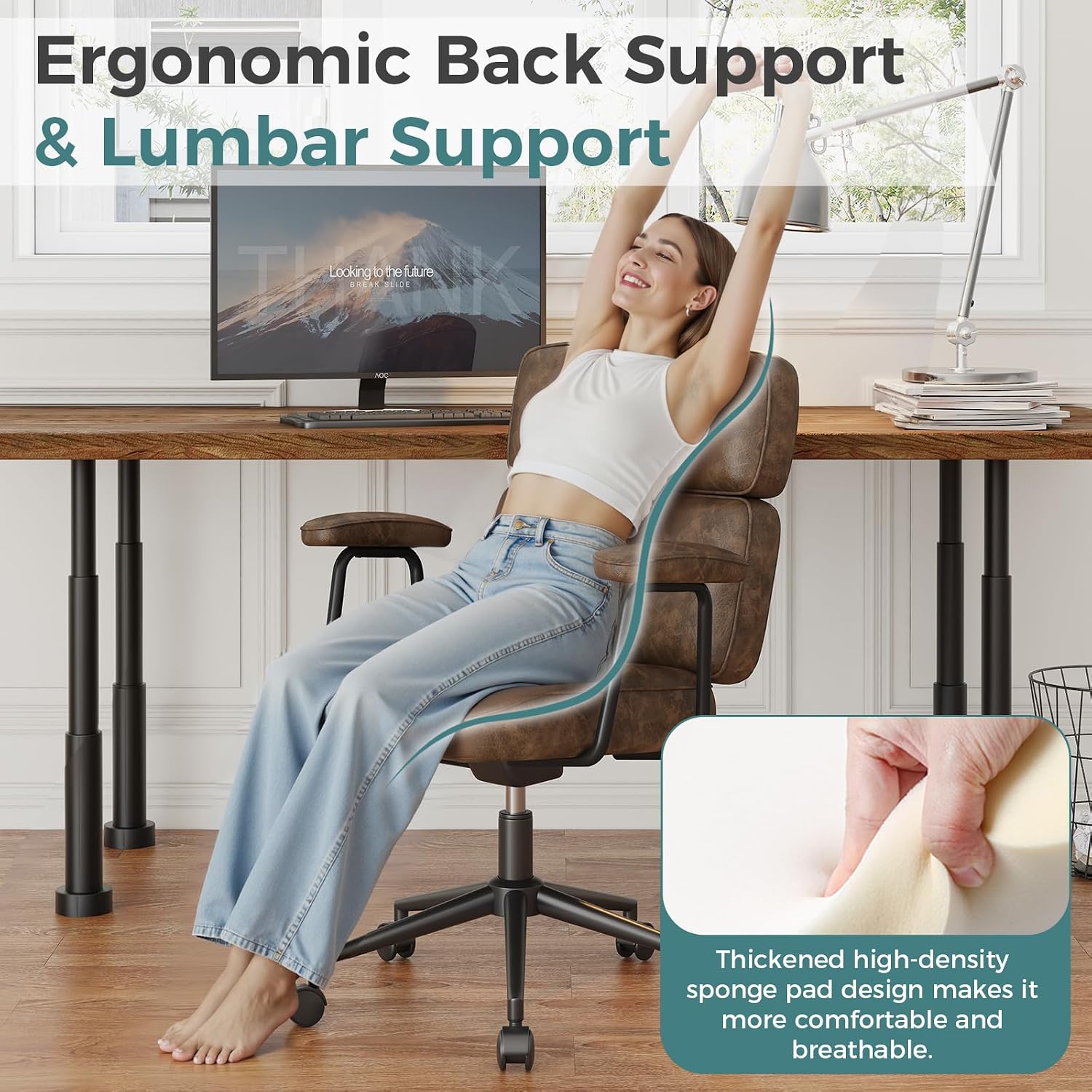 Olixis Ergonomic Home Office Desk Chair, Pu Leather Computer Chair With Lumbar Support Adjustable Height Rolling Swivel Executive Task Armrests, Modern Brown