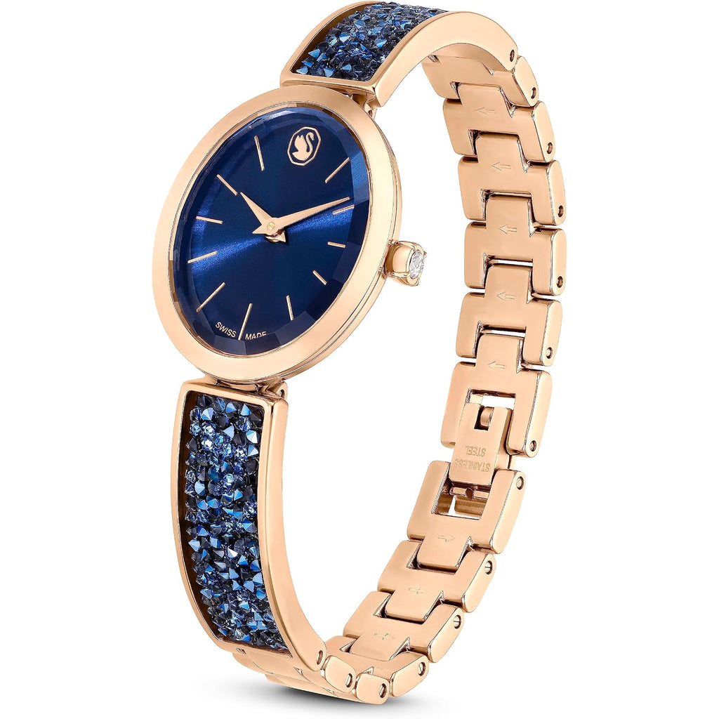 Swarovski Crystal Rock Oval Watch, Metal Bracelet, Blue, Rose Gold-Tone Finish, Swiss Made, Part Of The Crystal Rock Watch Collection