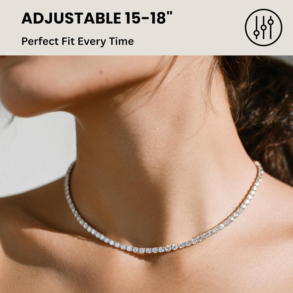 KISPER Tennis Necklace for Women 14K Gold Plated 3mm Cubic Zirconia Diamond Chain Adjustable 15-18" 4-Prong Setting Classic