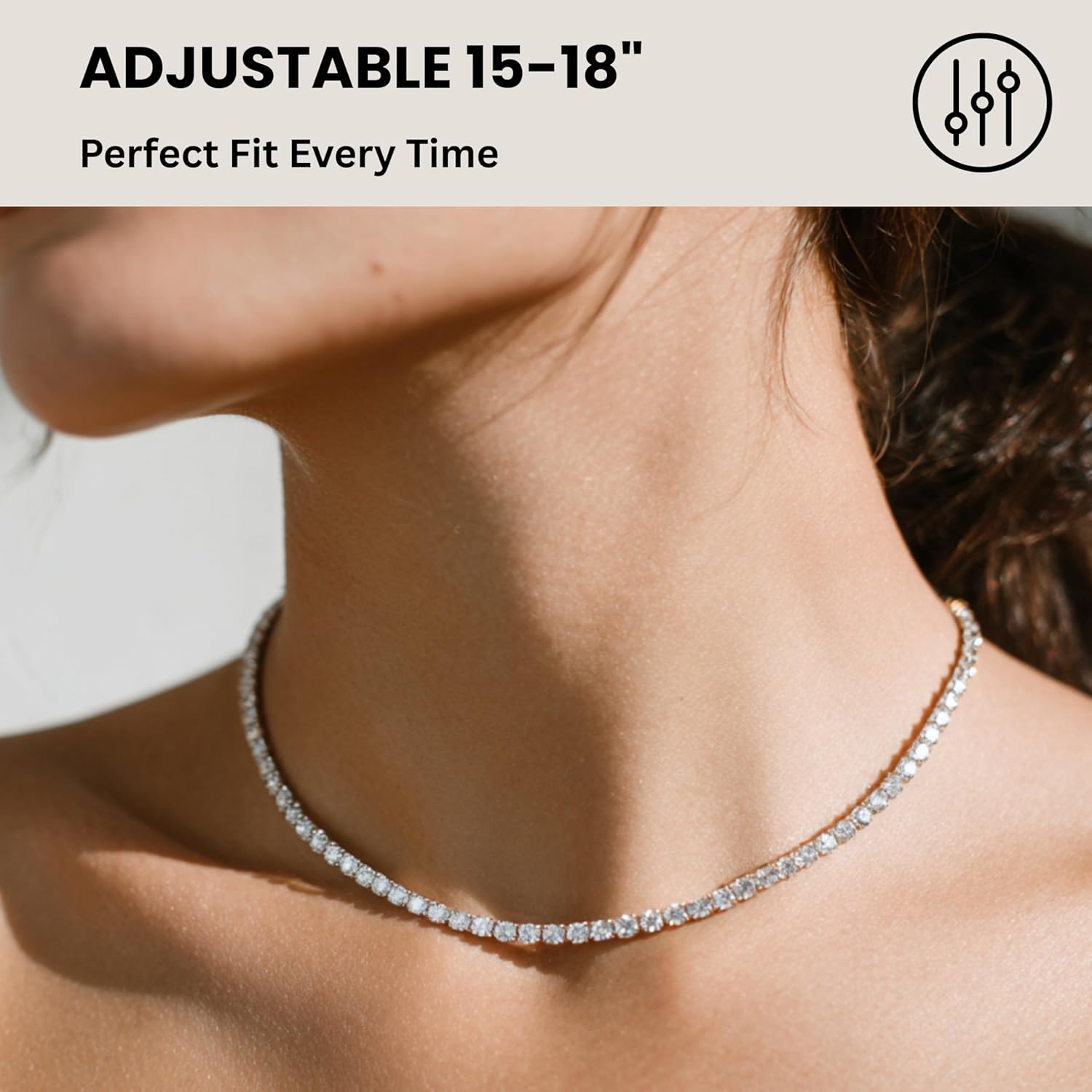 KISPER Tennis Necklace for Women 14K Gold Plated 3mm Cubic Zirconia Diamond Chain Adjustable 15-18" 4-Prong Setting Classic