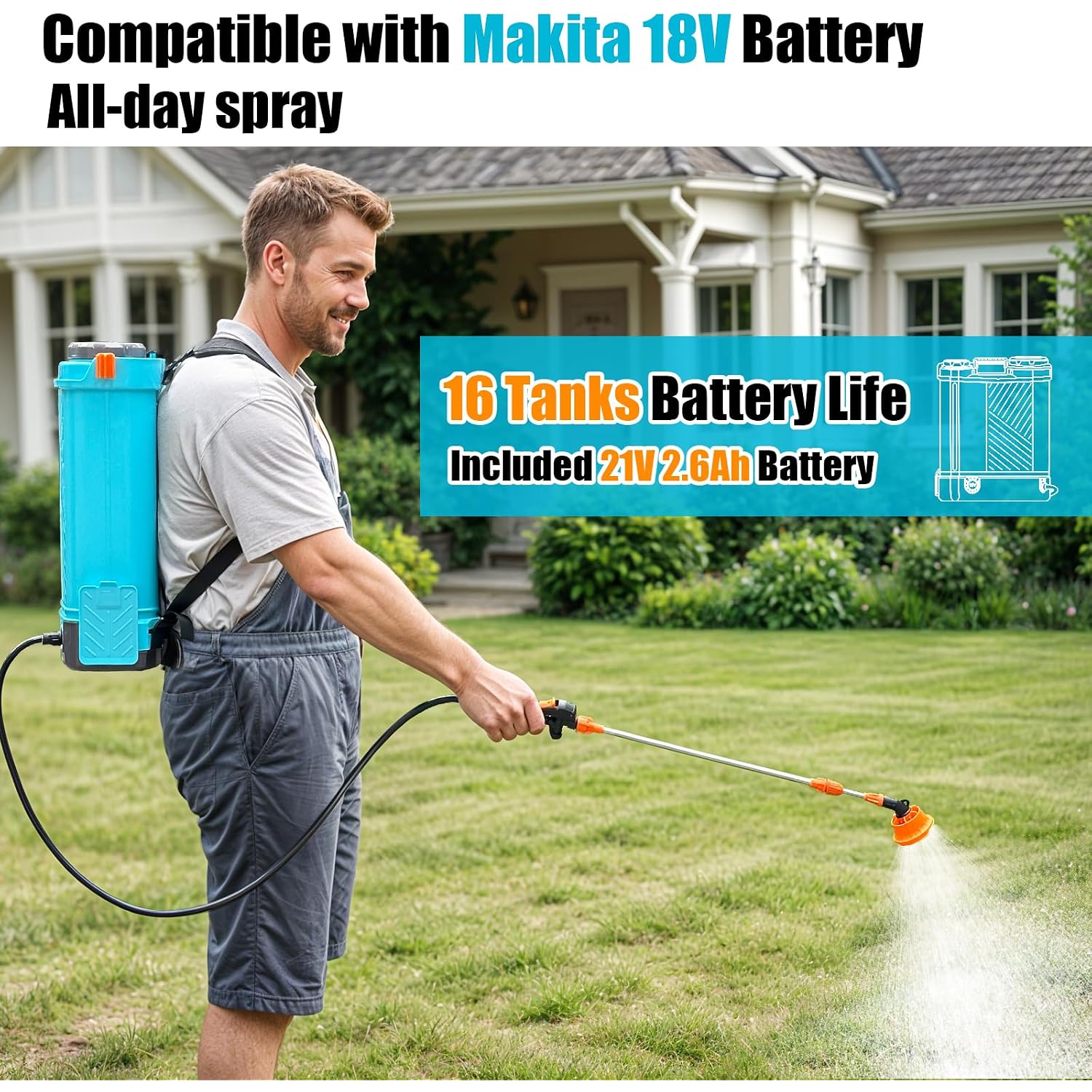 Sideking 4 Gallon Battery Powered Backpack Sprayer, 100 Psi Adjustable Electric Weed Sprayer For Lawn & Garden, Compatible With Makita 18V Battery, 5 Nozzles, Battery & Charger Included