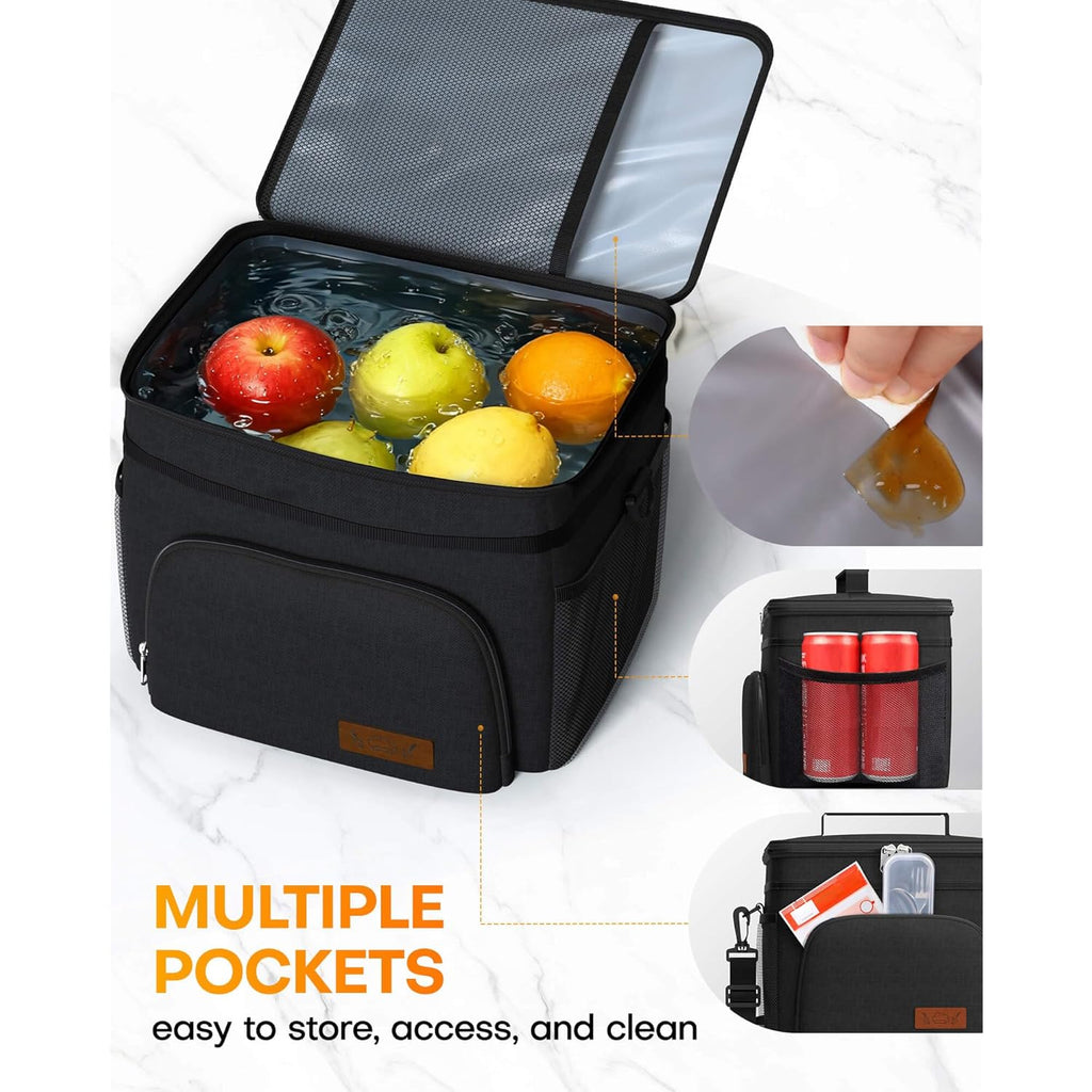 HOTOR Insulated Lunch Box for Men & Women - Leak-Proof Cooler Lunch Bag with 4 Pockets, Adjustable Strap, Ideal for Work, Picnic, Travel - Medium, Black, 10.2"×6.9"×8.5"