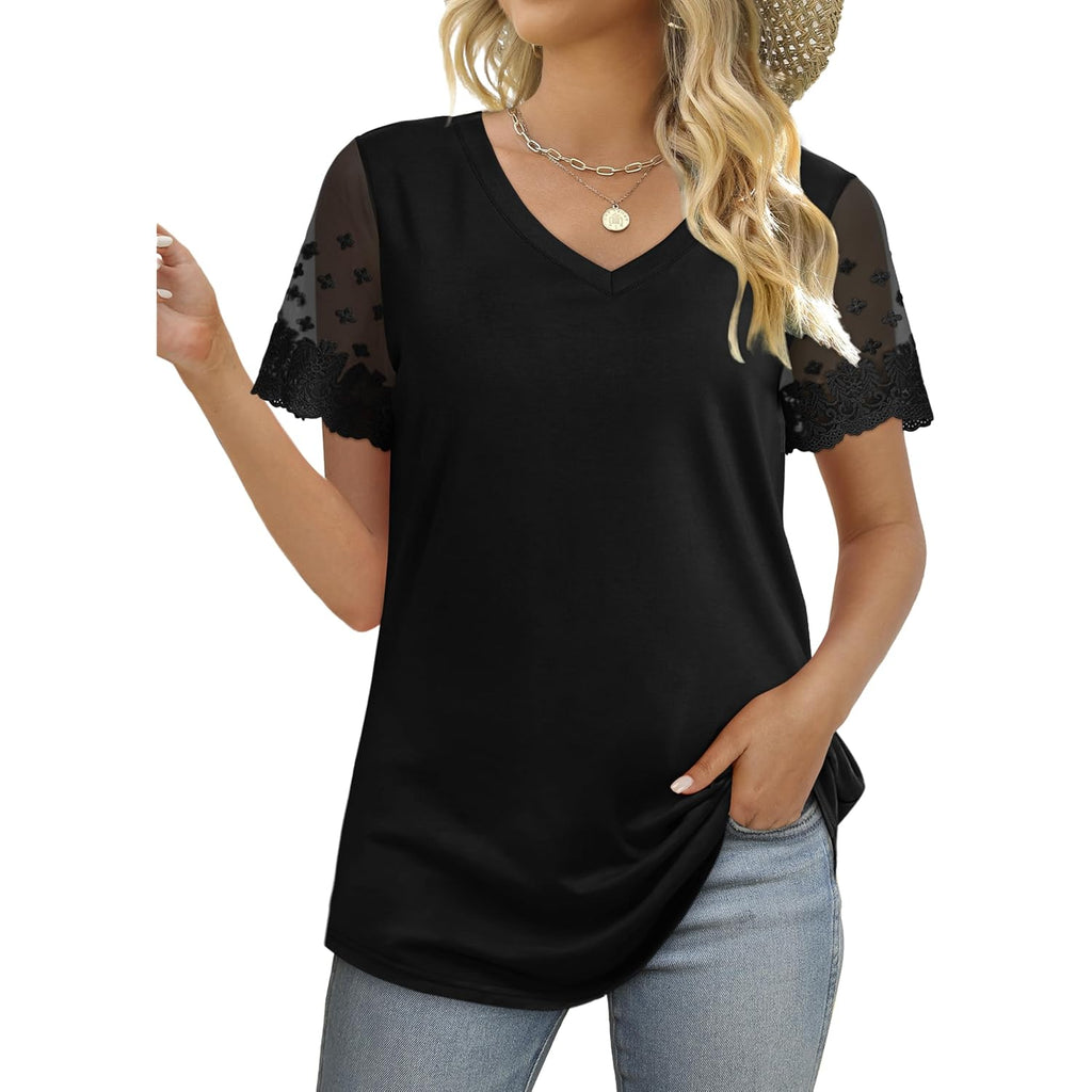 OFEEFAN Casual V Neck T Shirts for Women Lace Short Sleeve Curved Hem Tops Loose Fit