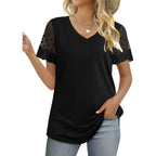 OFEEFAN Casual V Neck T Shirts for Women Lace Short Sleeve Curved Hem Tops Loose Fit