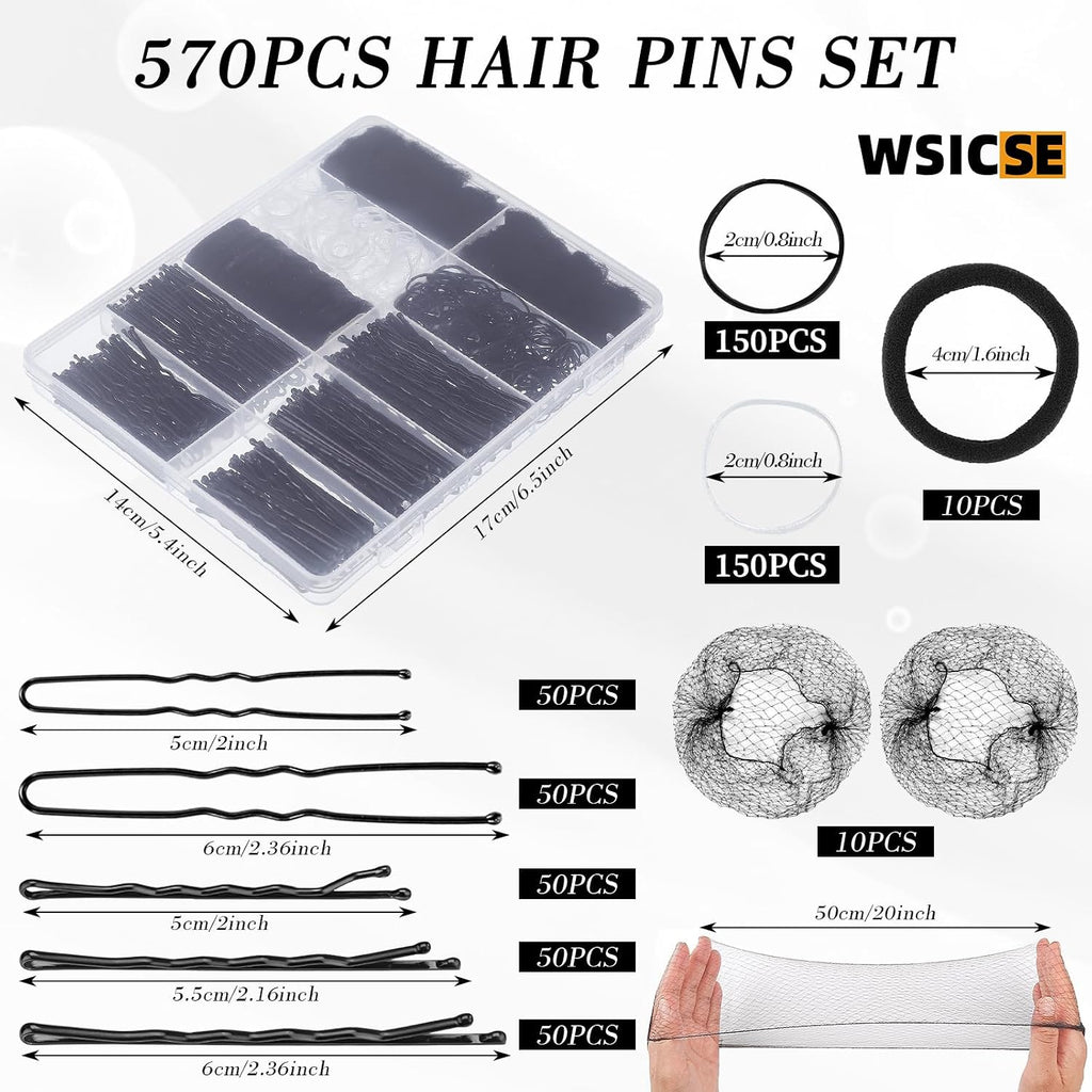 570Pcs Black Bobby Pins For Women, Hair Pins Kit With Hair Nets For Buns, 2 & 2.4Inch U-Shaped Bobby Pins Bulk For Wedding Bridal Styling With Storage Box, French Hair Pin Clips Hair Accessories