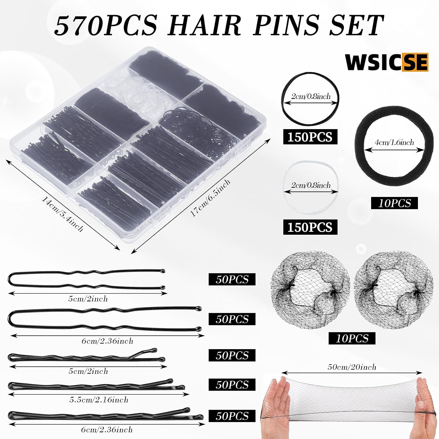 570Pcs Black Bobby Pins For Women, Hair Pins Kit With Hair Nets For Buns, 2 & 2.4Inch U-Shaped Bobby Pins Bulk For Wedding Bridal Styling With Storage Box, French Hair Pin Clips Hair Accessories