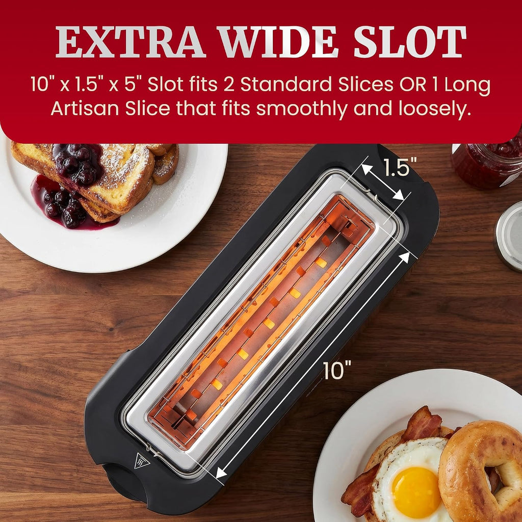Elite Gourmet Ect3200 2-Slice, 1 Long Slot, Slim Toaster, Reheat, 6 Toast Settings, Defrost, Cancel Functions, Built-In Warming Rack, Extra Wide Slots For Bagels Waffles, Stainless Steel & Black