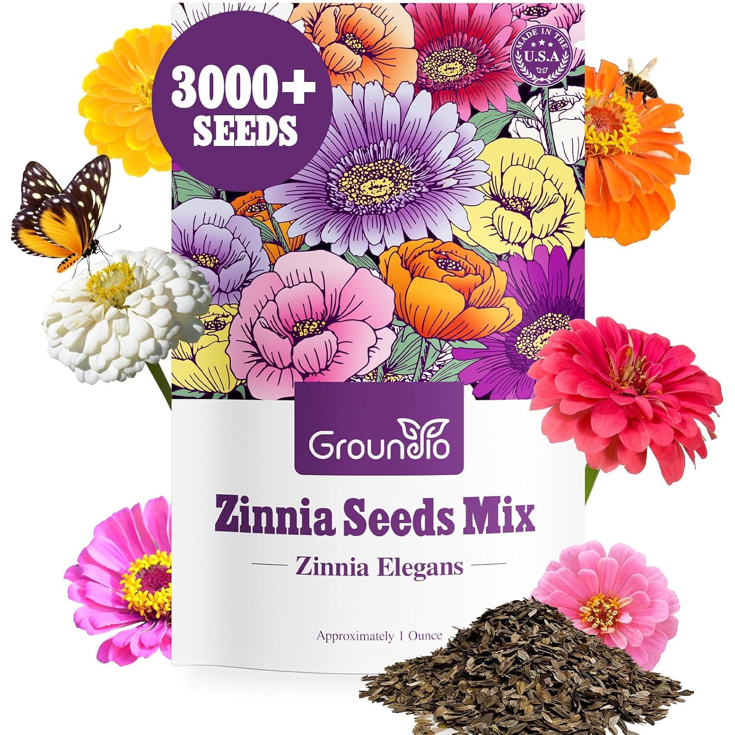 Zinnia Seeds Mix, 1 Oz, Over 3,000 Flowers Seeds, 5 Varieties (Pink, Yellow, Orange, White, Purple), Mixed Colors And Large Blooms,Open Pollinated - Bulk