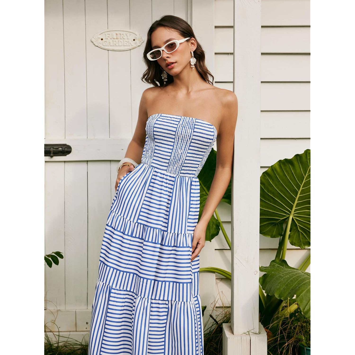 Cider Women'S Strapless Dress With Pockets Tube Striped Long Midi Dresses A Line Beach Vacation Casual Summer Outfits