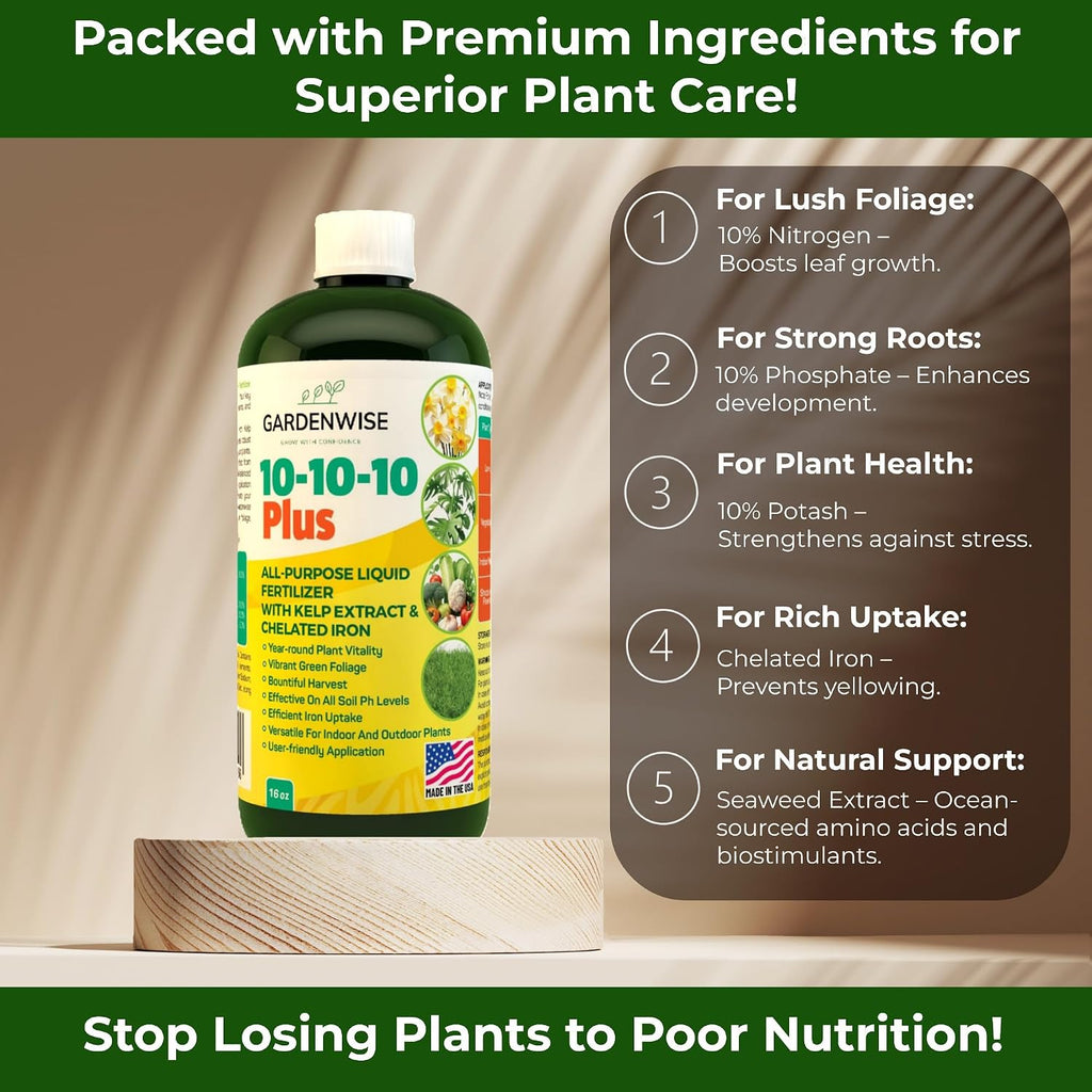 Gardenwise 10-10-10 All Purpose Plant Food - Liquid Fertilizer With Seaweed Kelp & Iron - Indoor & Outdoor Plant Food, Vegetables, Flowers, Lawn & Garden 1X8Oz