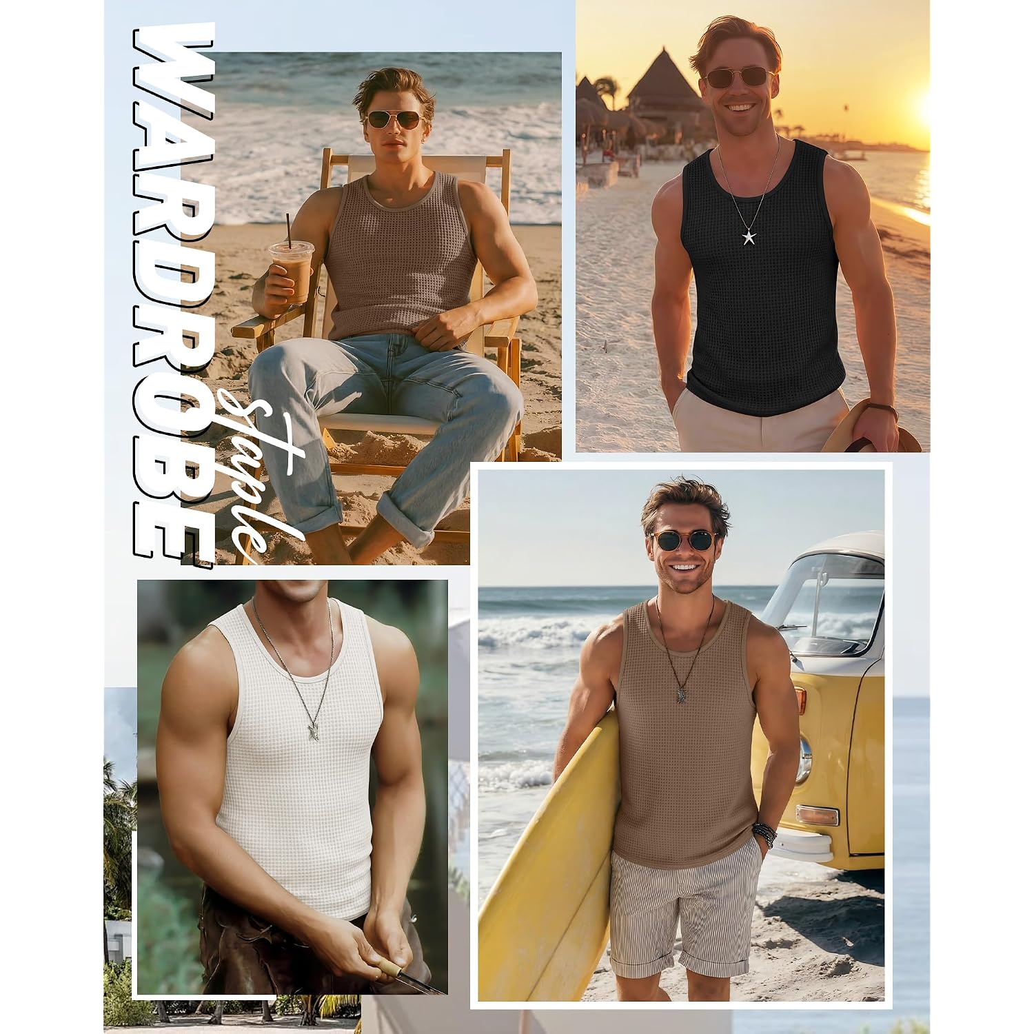 Riyiper 3 Pack Men'S Waffle Knit Tank Tops Casual Sleeveless Shirts Classic Beach Tank T-Shirts Summer Loose Muscle Shirts