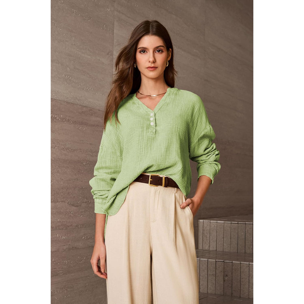 Dokotoo Womens Casual Button V Neck Long Sleeve Shirts Oversized Solid Blouses Tops