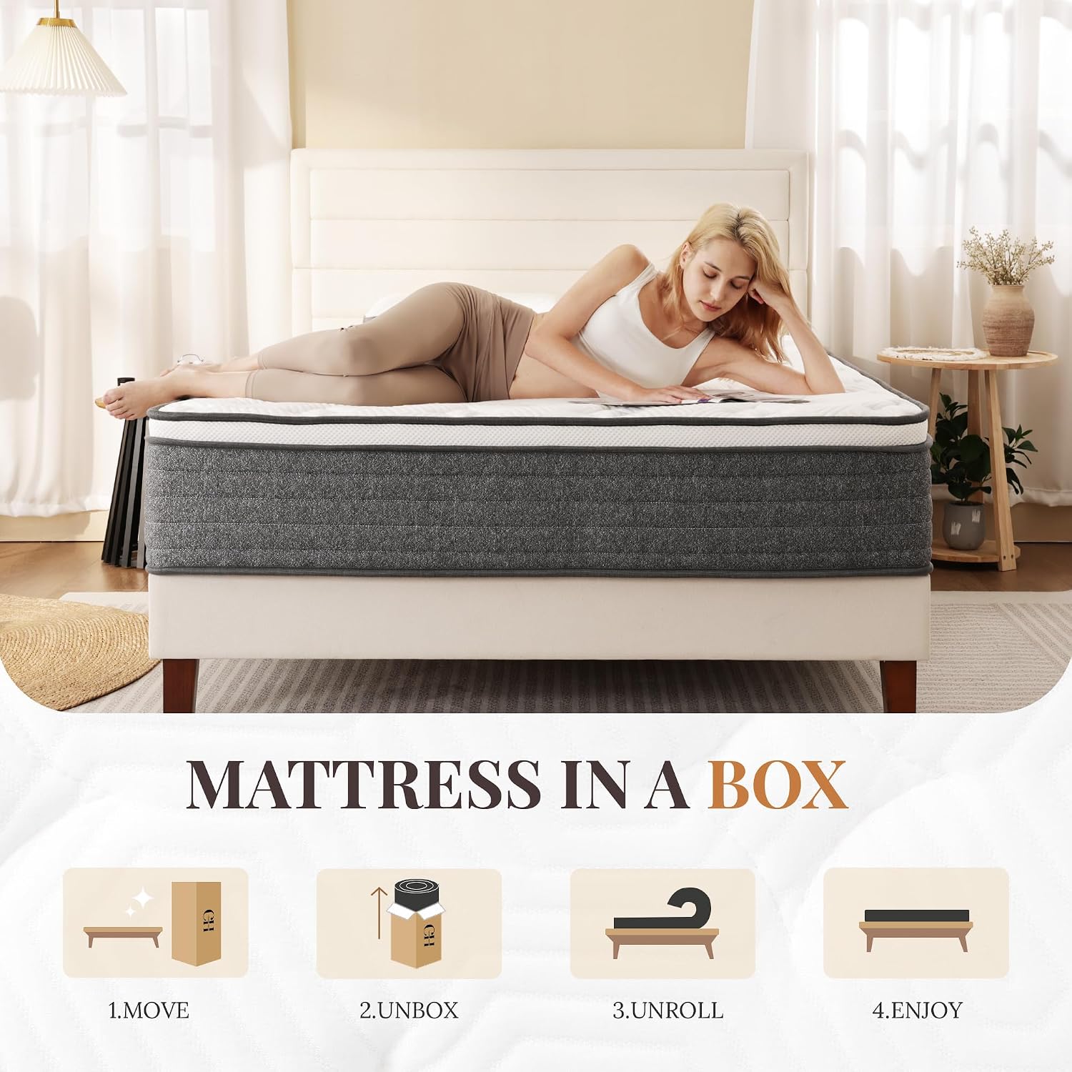 Queen Mattress, 12 Inch Queen Size Hybrid Mattresses In A Box, Medium Feel Foam And Individual Pocket Springs, Fiberglass Free Bed Mattress, Extra Edge Support, Pressure Relief, Certipur-Us