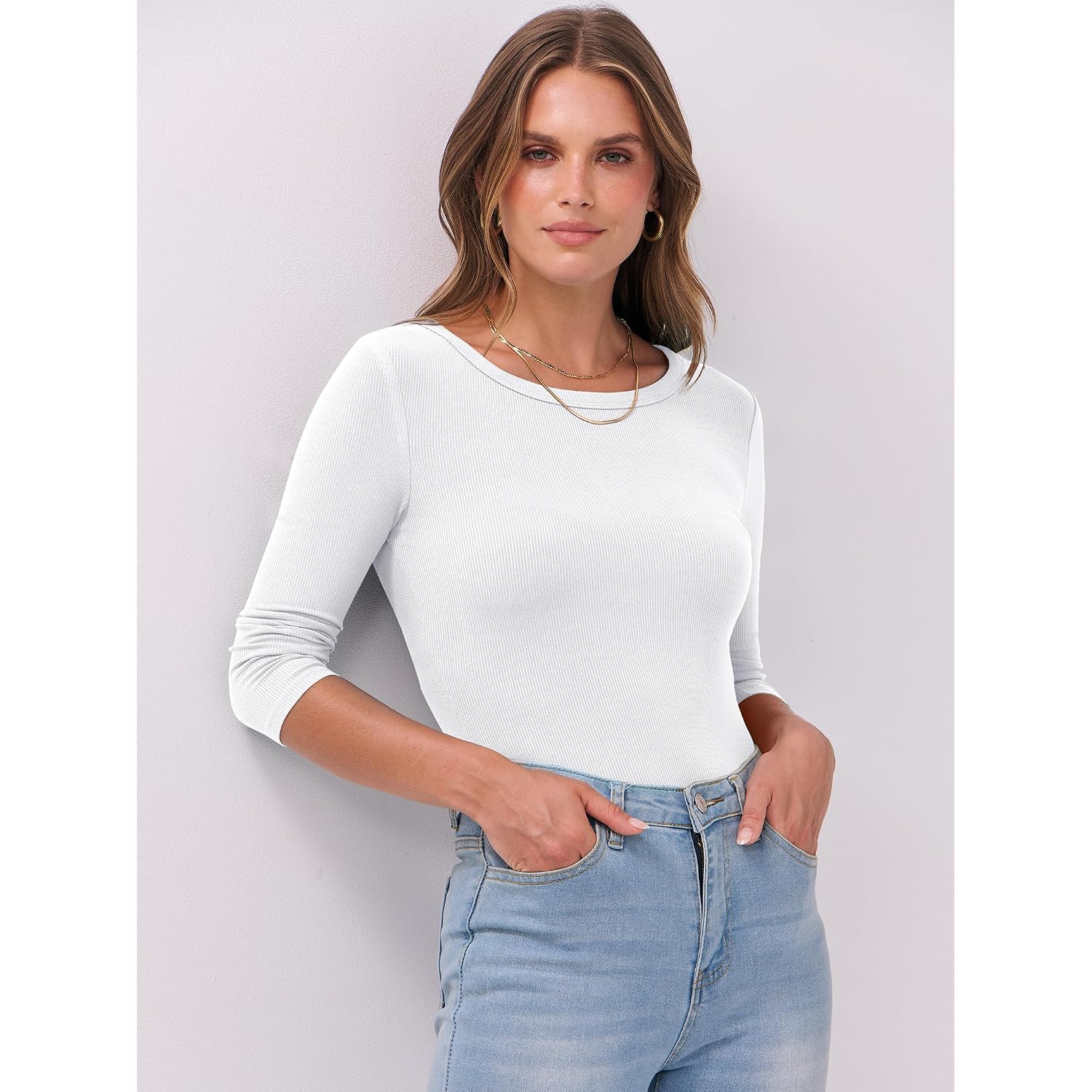 Anrabess Womens 3/4 Long Sleeve Tops Ribbed Knit Slim Fitted Shirts Basic Tee Fall Outfits 2026 Fashion Y2K Clothes