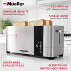 Mueller UltraToast Stainless Steel Toaster 4 Slice – Extra-Wide 1.6" Slots for Artisan Bread, Bagels & Frozen Waffles, 6 Browning Levels, LED Display, Cancel/Defrost/Reheat, Removable Crumb Tray
