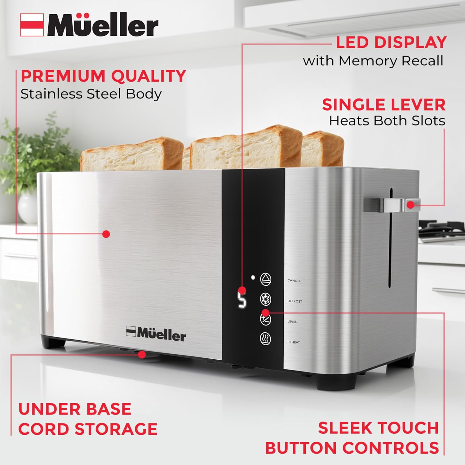 Mueller UltraToast Stainless Steel Toaster 4 Slice – Extra-Wide 1.6" Slots for Artisan Bread, Bagels & Frozen Waffles, 6 Browning Levels, LED Display, Cancel/Defrost/Reheat, Removable Crumb Tray