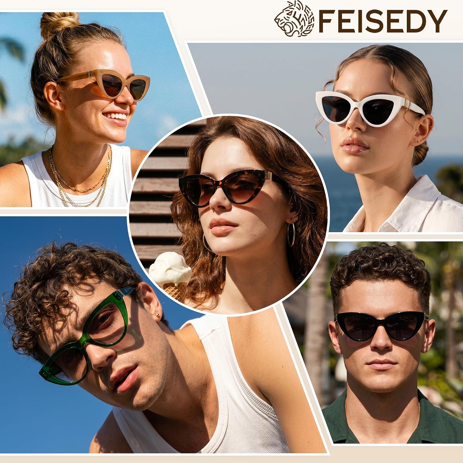FEISEDY Cat eye Sunglasses with Polarized and UV400 Protection for Women, Retro Stylish for Driving Fishing and Party B0428 Champagne Frame + Tea Lens
