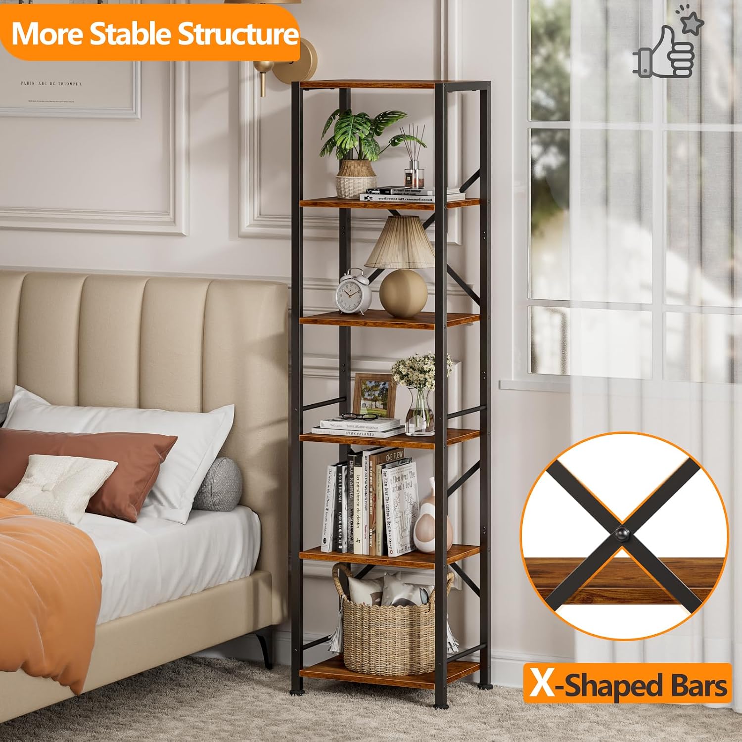Furologee 6 Tier Tall Bookshelf, Industrial Narrow Bookcase, Display Standing Shelf Units, Metal And Wood Storage Rack Organizer For Living Room, Home Office, Entryway, Kitchen, Rustic Brown
