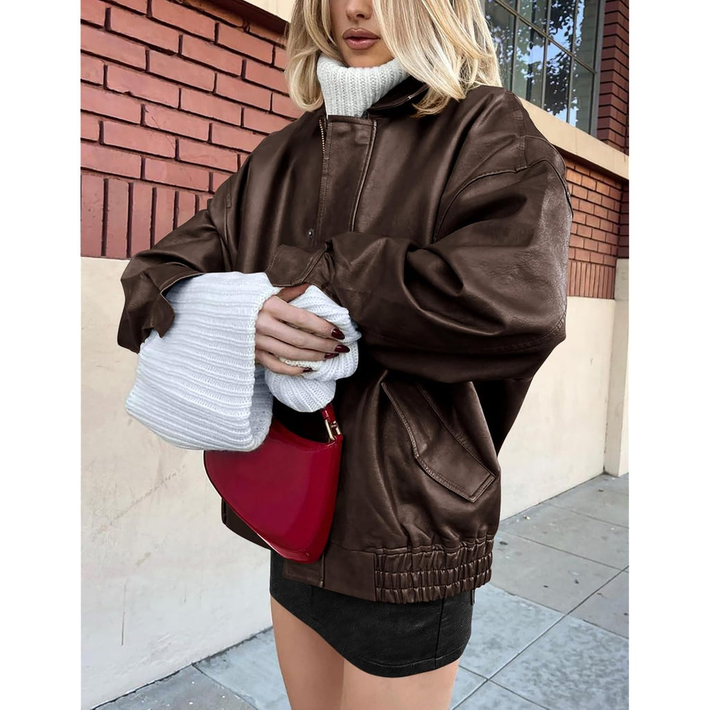 Prettygarden Women'S Faux Leather Motorcycle Jacket Trendy Fall Spring Clothes Oversized Zip Up Winter Coat Outerwear