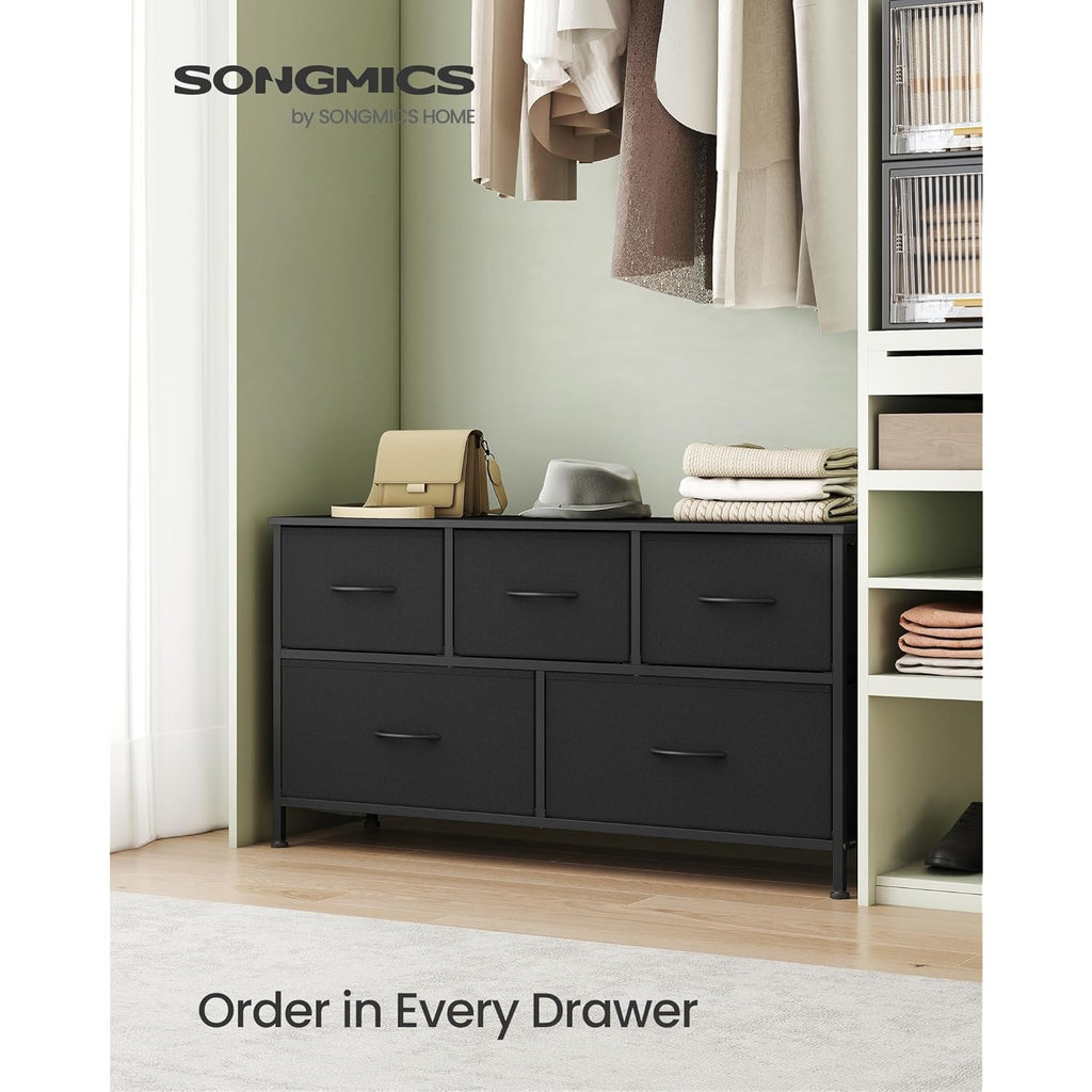 SONGMICS Dresser for Bedroom, Chest of Drawers, Steel, MDF, 5 Non-Woven Fabric Drawers, Storage Organizer Unit, Closet, Entryway, Ink Black and Ebony Black ULGS322B01S