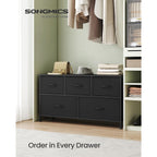 SONGMICS Dresser for Bedroom, Chest of Drawers, Steel, MDF, 5 Non-Woven Fabric Drawers, Storage Organizer Unit, Closet, Entryway, Ink Black and Ebony Black ULGS322B01S