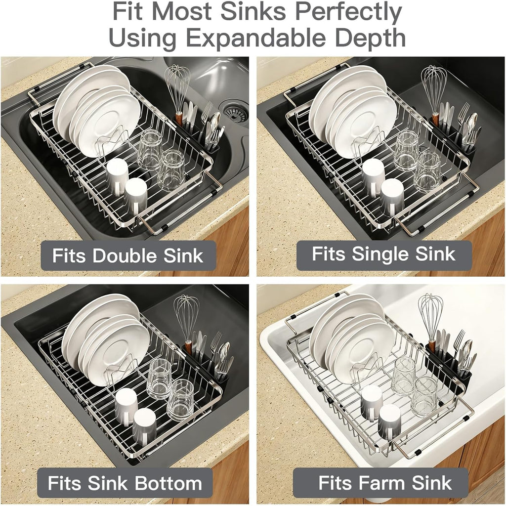 MAJALiS Dish Drying Rack Over The Sink, Expandable Stainless Steel Dish Drainer for Small Kitchen Counter Space Saving, RV Compact Plate Strainer In Silver Metal with Hanging Adjustable Utensil Holder