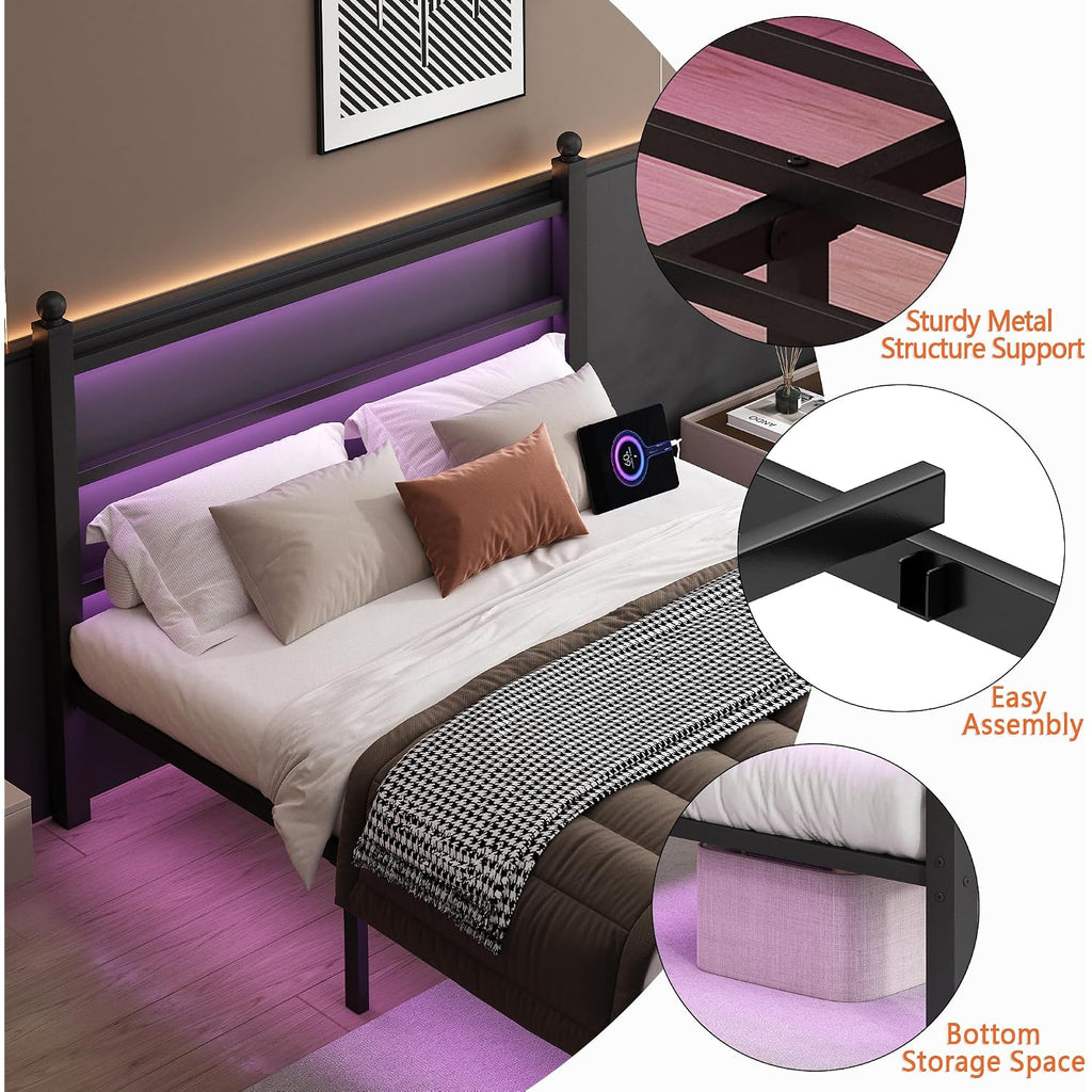 Clibfeng Full Size Bed Frame With Headboard And Footboard,Steel Slats Support-Led Bed Frame With Charging Station,Mattress Foundation-Under Bed Storage, No Box Spring Needed,Noise Free,Black