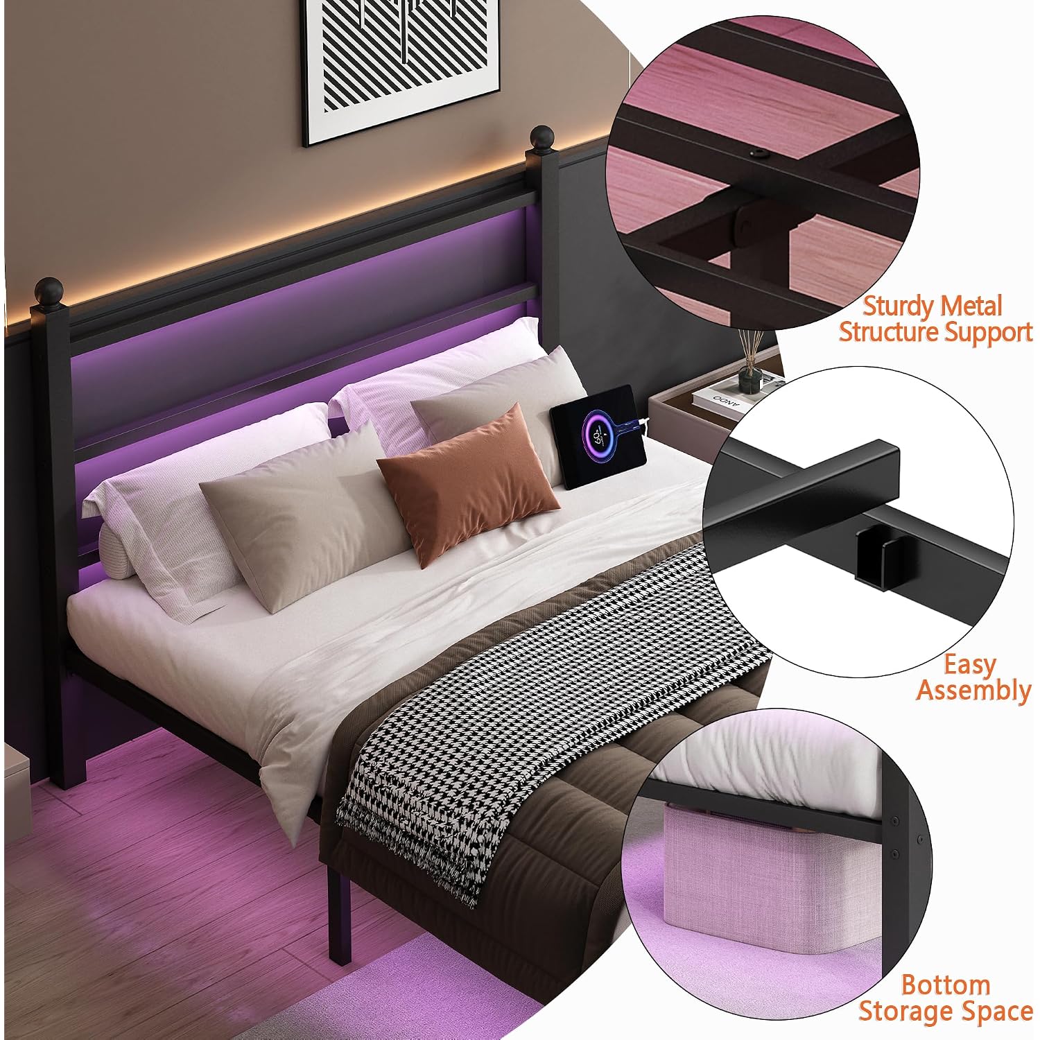 Clibfeng Full Size Bed Frame With Headboard And Footboard,Steel Slats Support-Led Bed Frame With Charging Station,Mattress Foundation-Under Bed Storage, No Box Spring Needed,Noise Free,Black