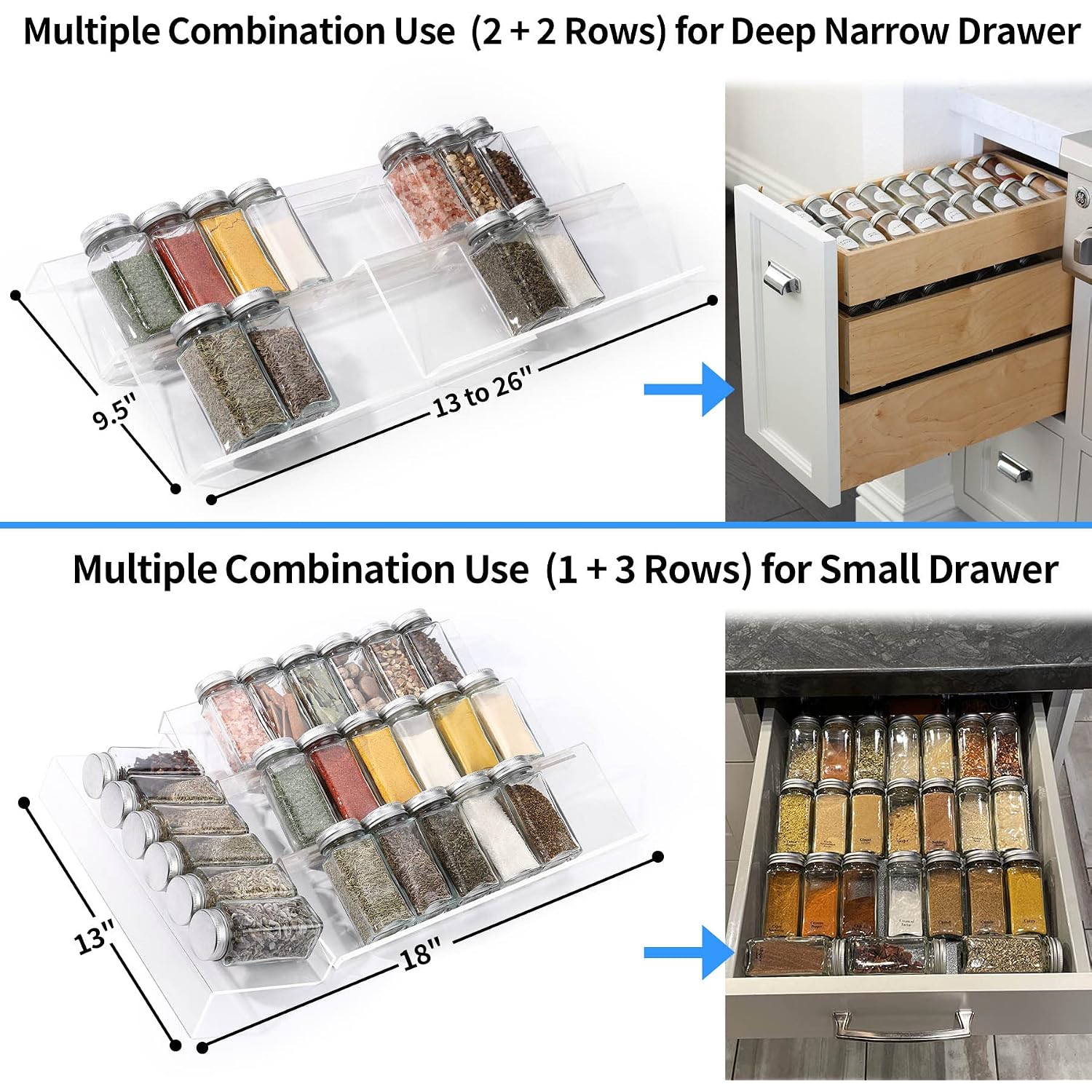 Miukaa Clear Acrylic Spice Drawer Organizer, 4 Tier- 2 Set Expandable From 13" To 26" Drawer Seasoning Organizer, Kitchen Spice Rack Tray For Drawer/Countertop (Jars Not Included)