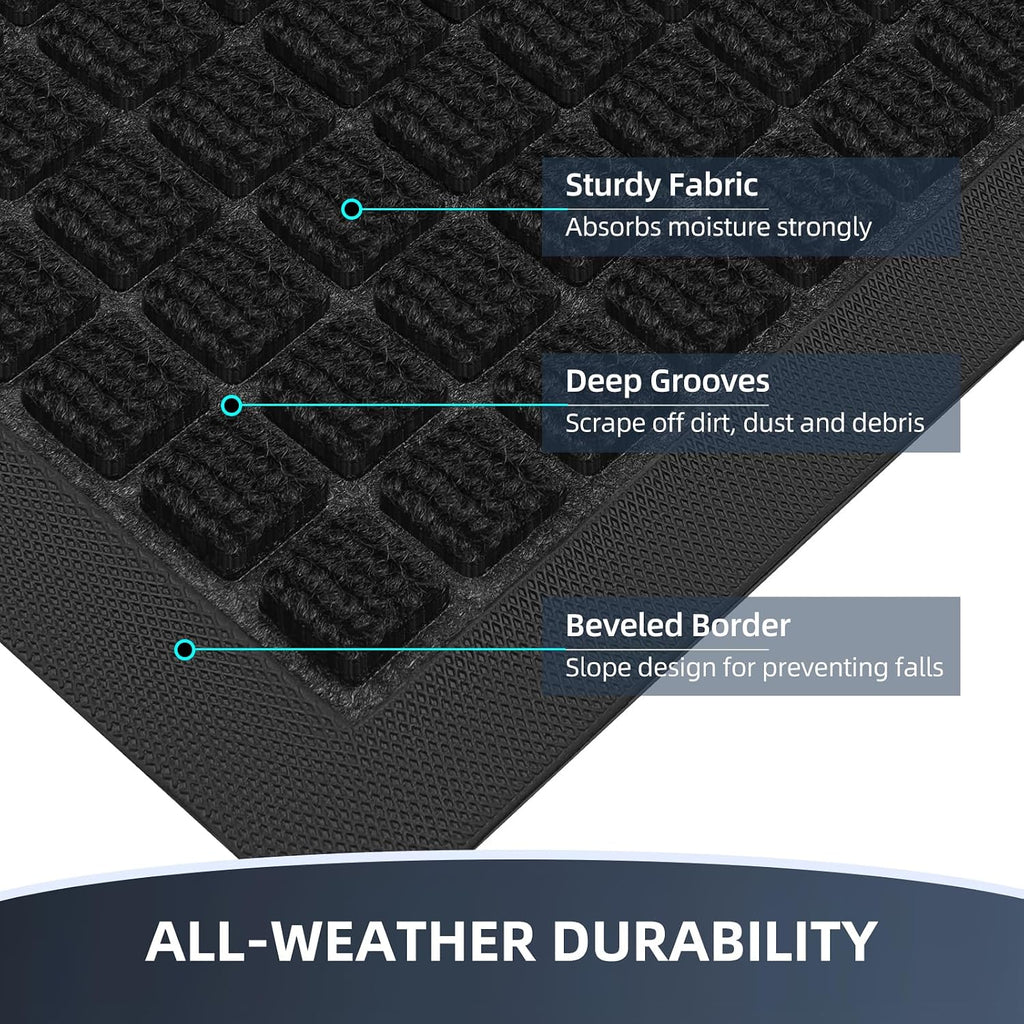 Front Door Mat Outside Entrance, Heavy Duty Waterproof Doormat | 29.5"X17" Indoor/Outdoor Dirt Trapper With Non-Slip Rubber Backing, Low Profile Easy Clean, Stain & Fade Resistant Black