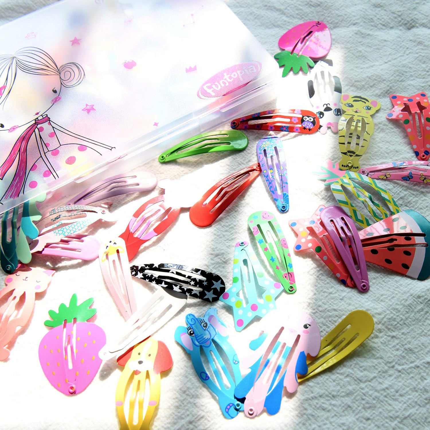 Funtopia Hair Clips For Girls,100 Pcs No Slip Metal Snap, Barrettes For Kids Teens Women, Cute Candy Color Cartoon Design Hair Pins (Animals Fruits Crowns Stars)
